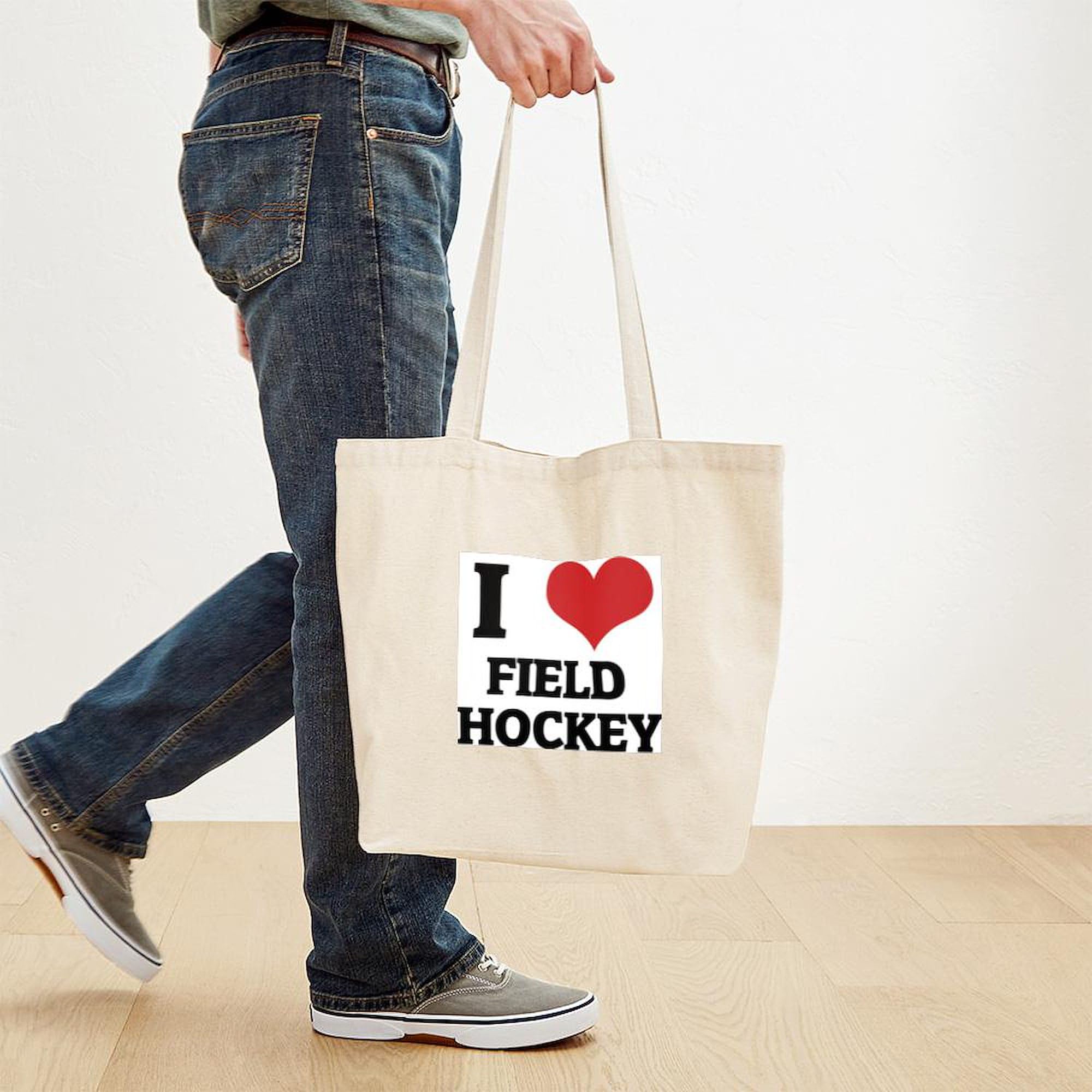 I Love Field Hockey Tote Bag - Natural Canvas Reusable Shopping Bag for Sports Fans, Gym & Grocery Use