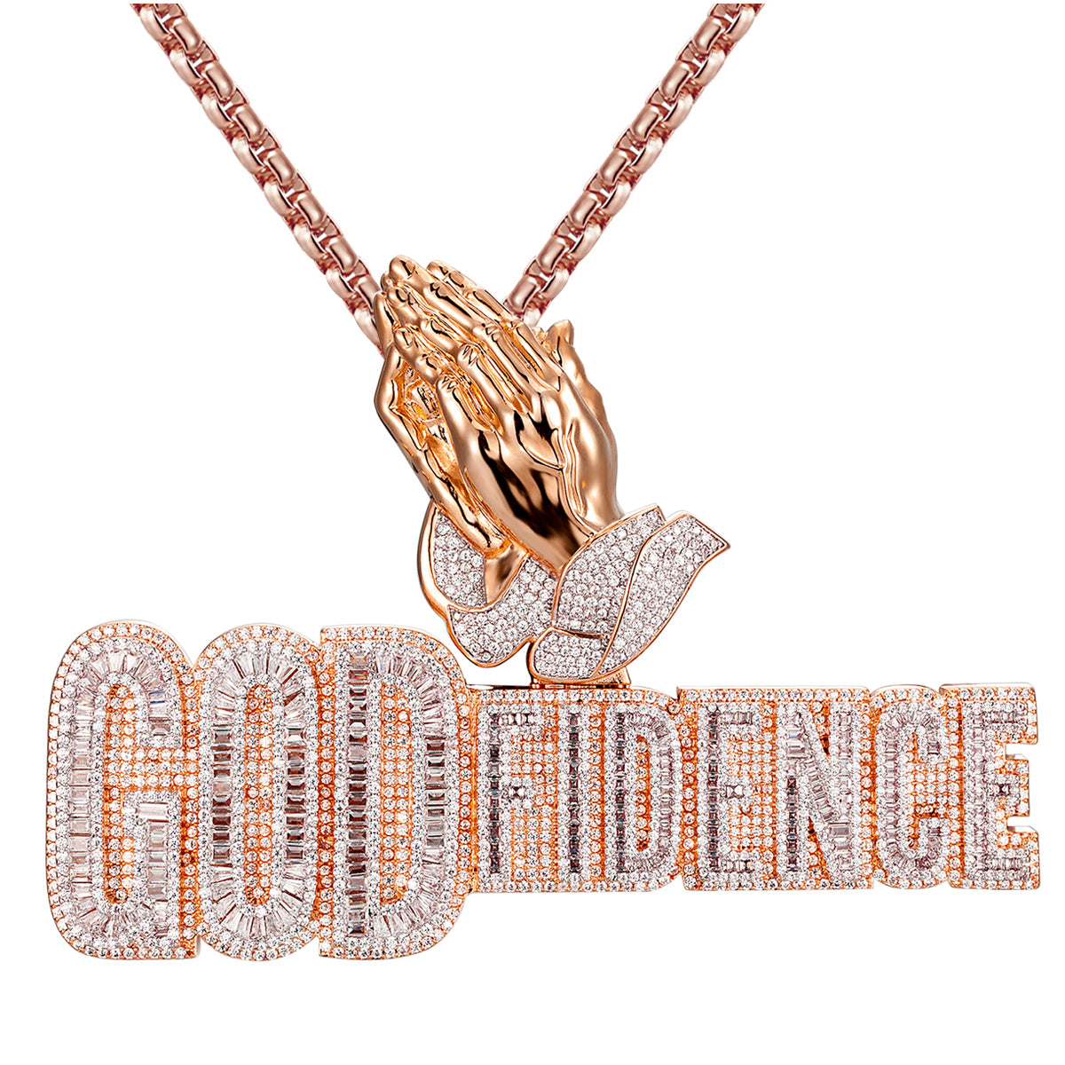 Rose Gold Tone Godfidence Praying Hands Baguette Pendant Necklace - Elegant Religious Jewelry for Women, Gift for Baptism, Confirmation & Daily Faith Inspiration