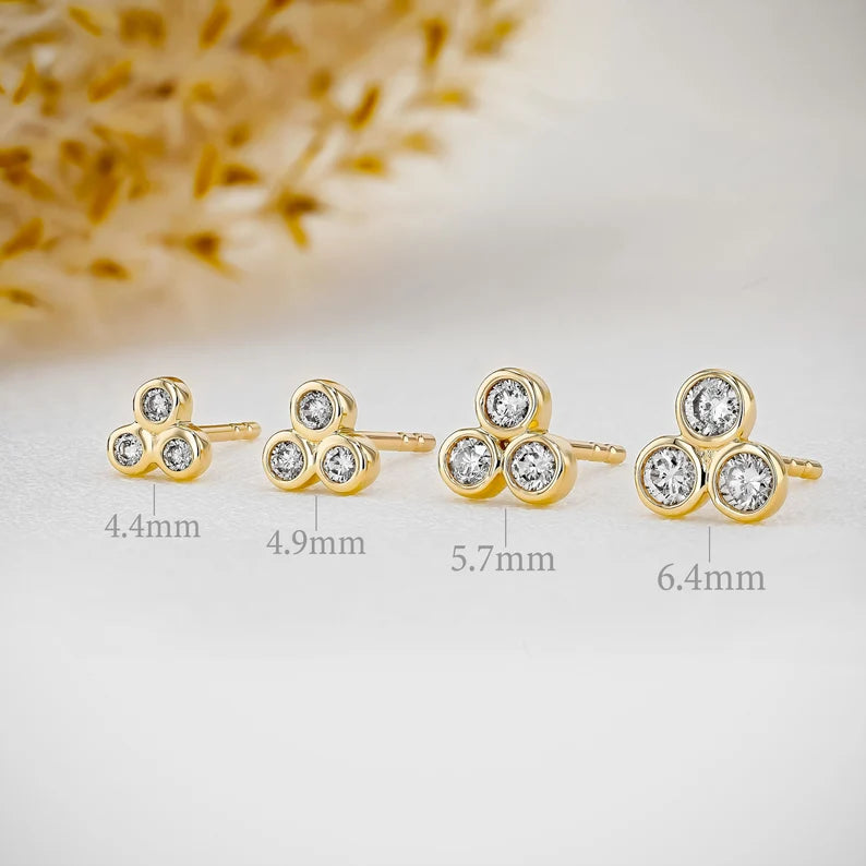 3 Stone Trio Bezel Set Stud Earrings for Women - 925 Sterling Silver Cubic Zirconia Earrings - Minimalist Elegant Jewelry Gift for Birthday, Anniversary & Valentine's Day
