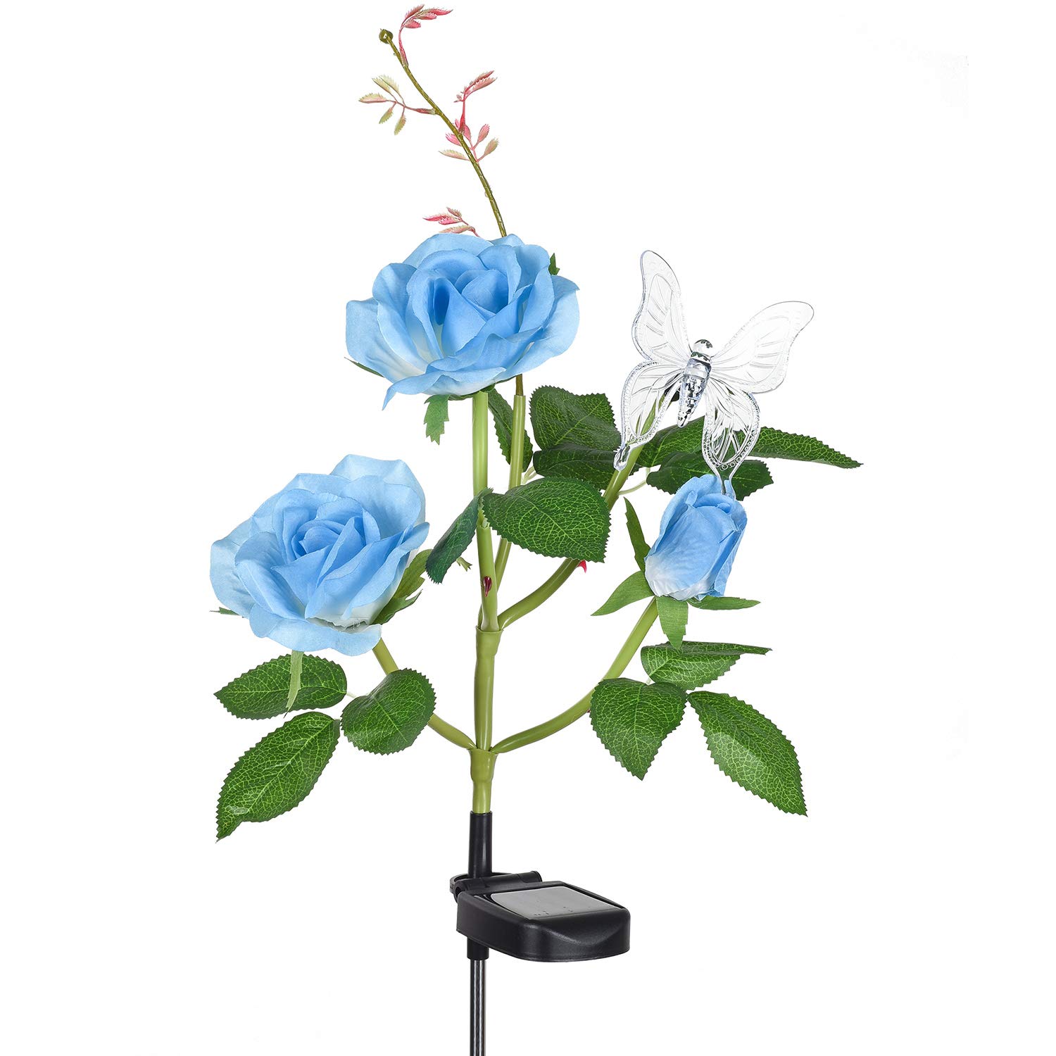 Solar Powered Outdoor Flower Garden Lights - Color Changing Artificial Rose Stake with Butterfly for Garden, Patio, Flowerbed Decoration (Blue) | Perfect for Romantic Evenings, Backyard Parties & Landscape Lighting