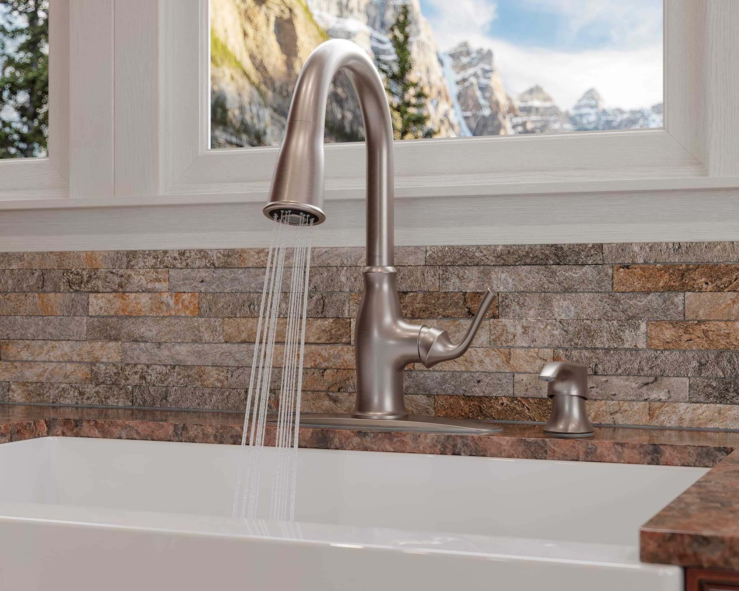 Pfister Rosslyn Single Handle High Arc Kitchen Faucet with Pull Down Sprayer & Soap Dispenser, Spot Defense Stainless Steel Finish (Model F5297RSSRGS) - Perfect for Modern Kitchens, Dishwashing & Food Prep