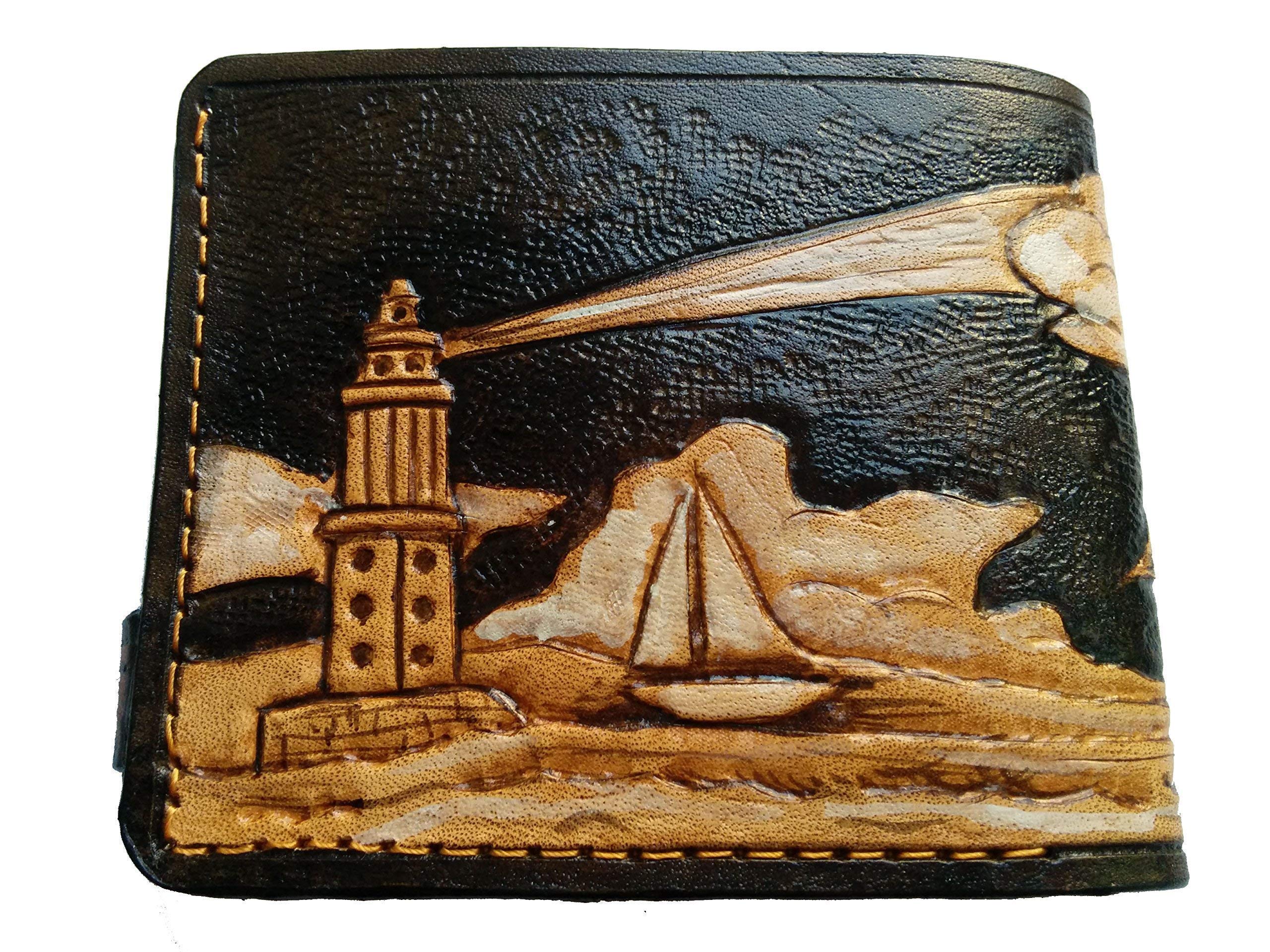 Sailor-Themed Genuine Leather RFID Men's Bifold Wallet - Clipper Ship & Lighthouse Embossed Handmade Biker Wallet - Perfect for Nautical Enthusiasts, Yacht Lovers & Outdoor Adventures