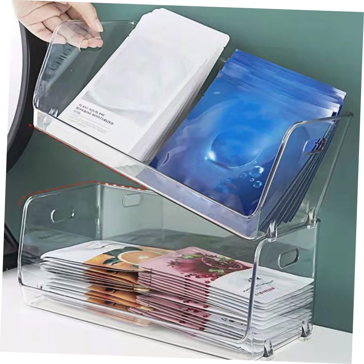 Clear Stackable Storage Bins - 4 Pcs Double Desktop Shelf for Bathroom & Pet Organization
