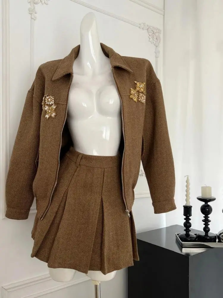Women's Retro Two-Piece Set - Brown Diamond Long Sleeve Lapel Zipper Coat & High Waist Pleated Mini Skirt | Fall Winter Fashion Outfit for Parties, Dating & Office Wear