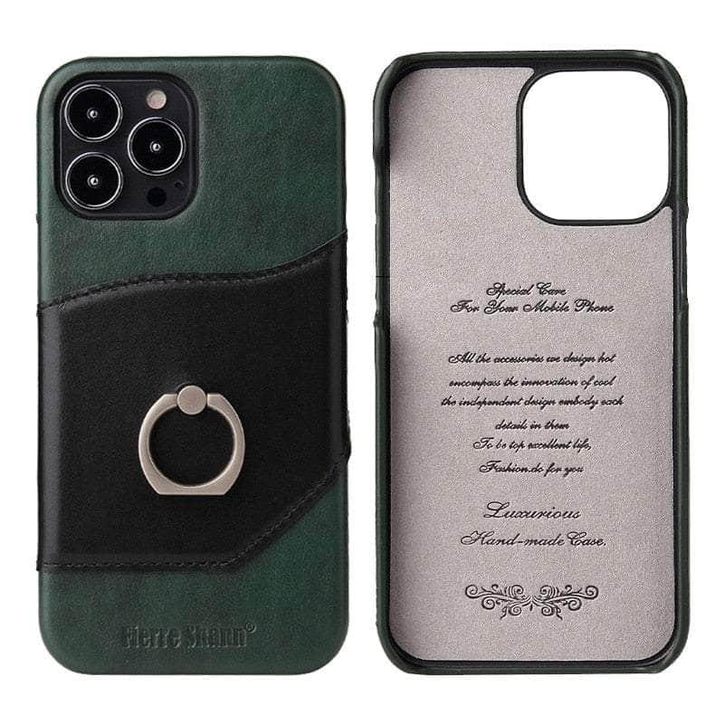 360° Rotating iPhone 15 Pro Max Case with Ring Kickstand - Genuine Leather Protective Cover for Hands-Free Viewing, Video Calls & Photography