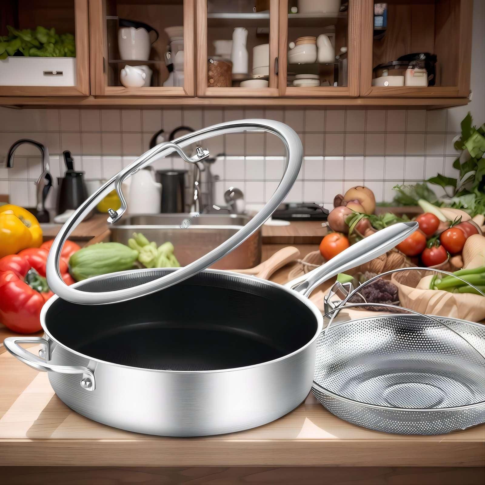 6 QT Hybrid Tri-Ply Stainless Steel Non-Stick Sauté Pan with Lid - 12 Inch Deep Frying Skillet, Induction Compatible & Oven Safe Cookware with Detachable Handle - Perfect for Sautéing, Frying & Baking in Home Kitchen