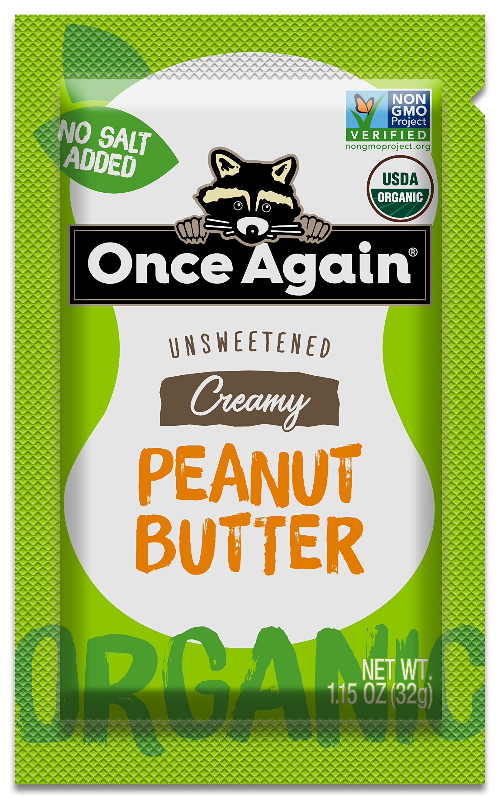 Once Again Organic Creamy Peanut Butter - 10 Pack of 1.15oz Squeeze Packs | Salt Free, Unsweetened, USDA Organic, Gluten Free, Vegan & Kosher Certified | Perfect for School Lunches, Camping & On-the-Go Snacks