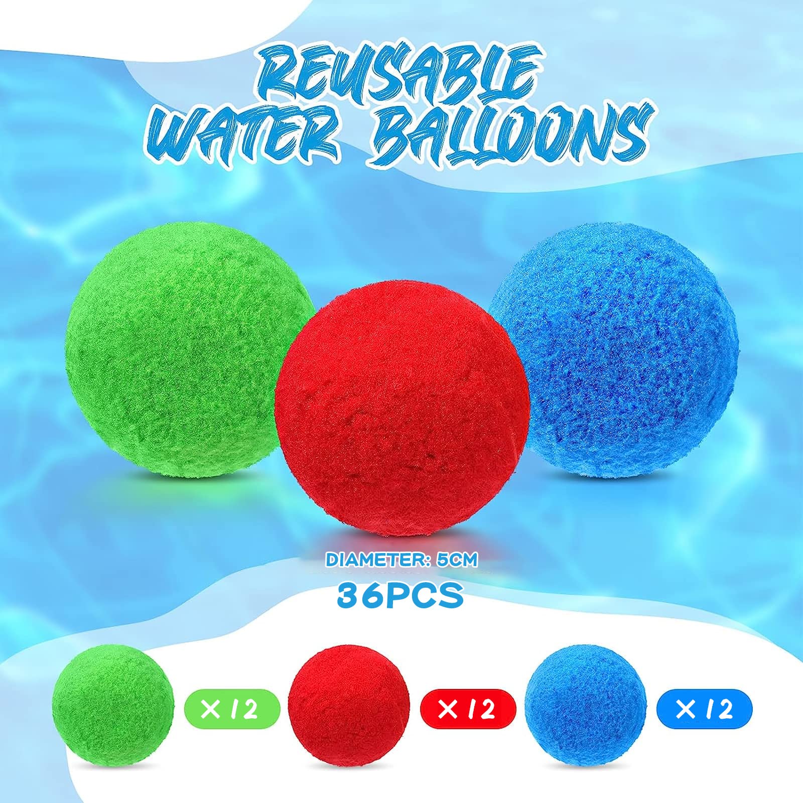 **36 Pack Reusable Sponge Water Balloons - Colorful Splash Balls for Water Games, Pool Parties, Beach Fun & Outdoor Activities**
