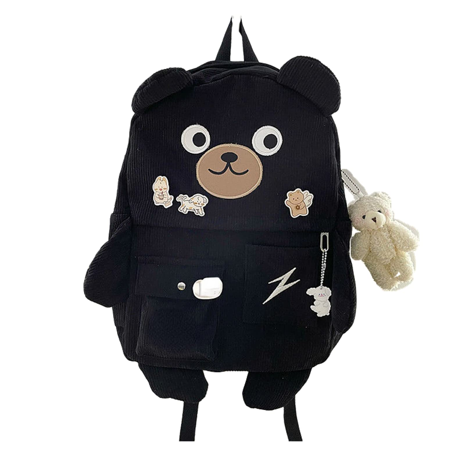Cute Corduroy Bear Backpack for Women & Girls - Kawaii Cartoon Animal School Bag, Stylish Casual Daypack for Teens, College Students - Perfect for School, Travel, Work & Everyday Use (Black)
