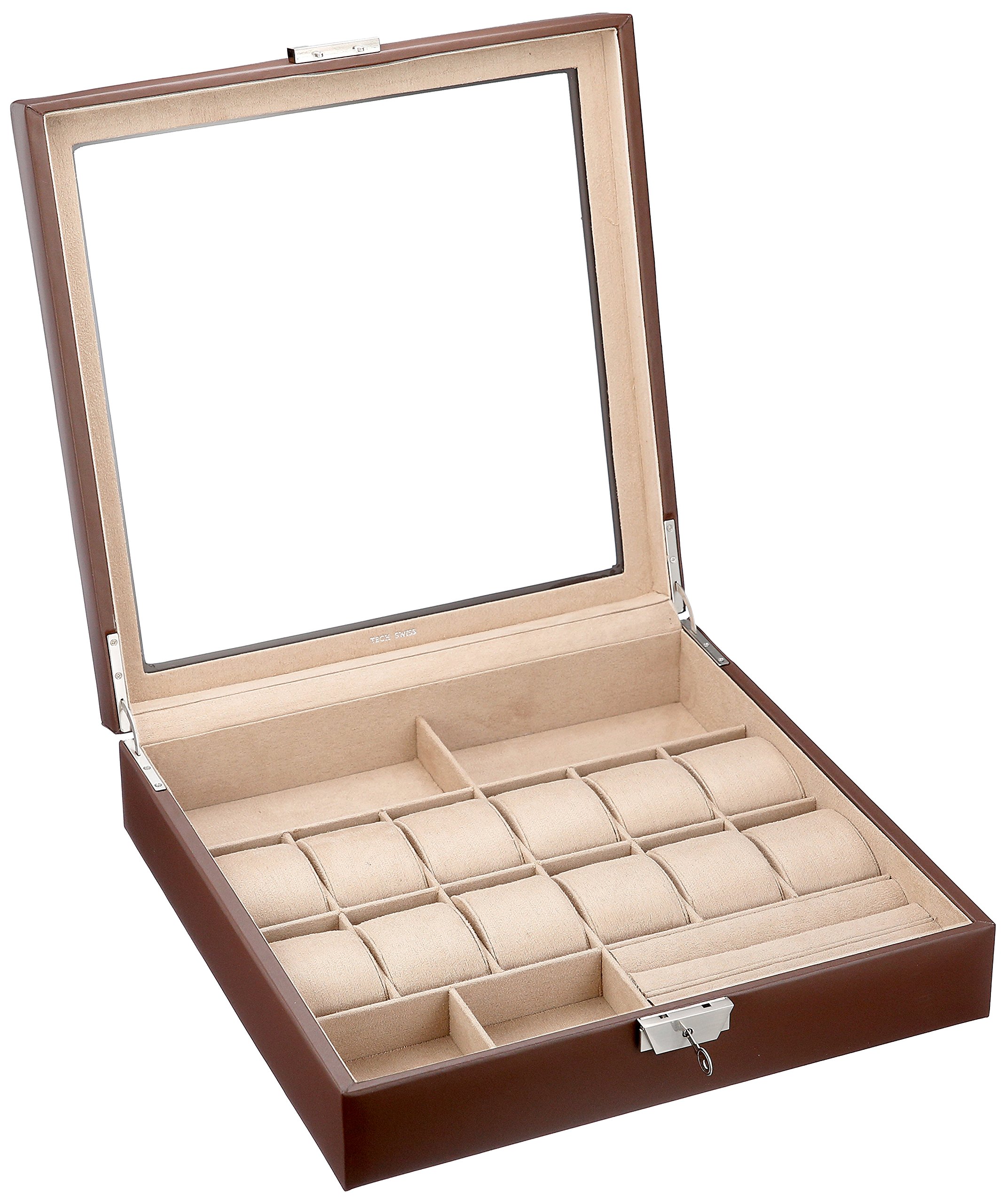 Premium Leather Watch Jewelry Valet Box - Large Single Level with XL Compartments & Glass Window (Brown) - Perfect for Watch Collection Display & Jewelry Organization at Home or Office
