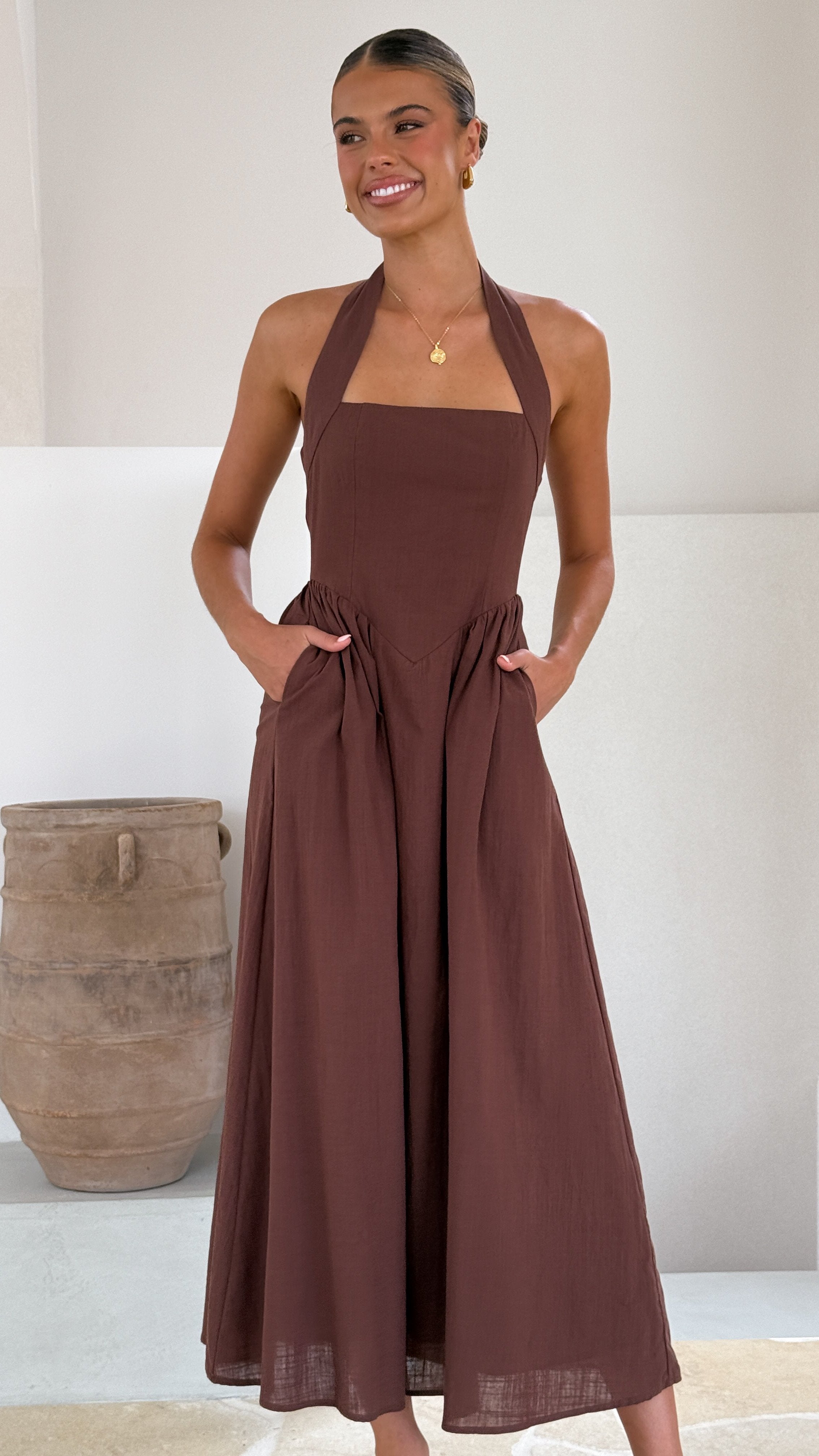Caden Maxi Dress for Women - Elegant Chocolate Brown Long Flowy Dress for Summer, Beach, and Casual Outings