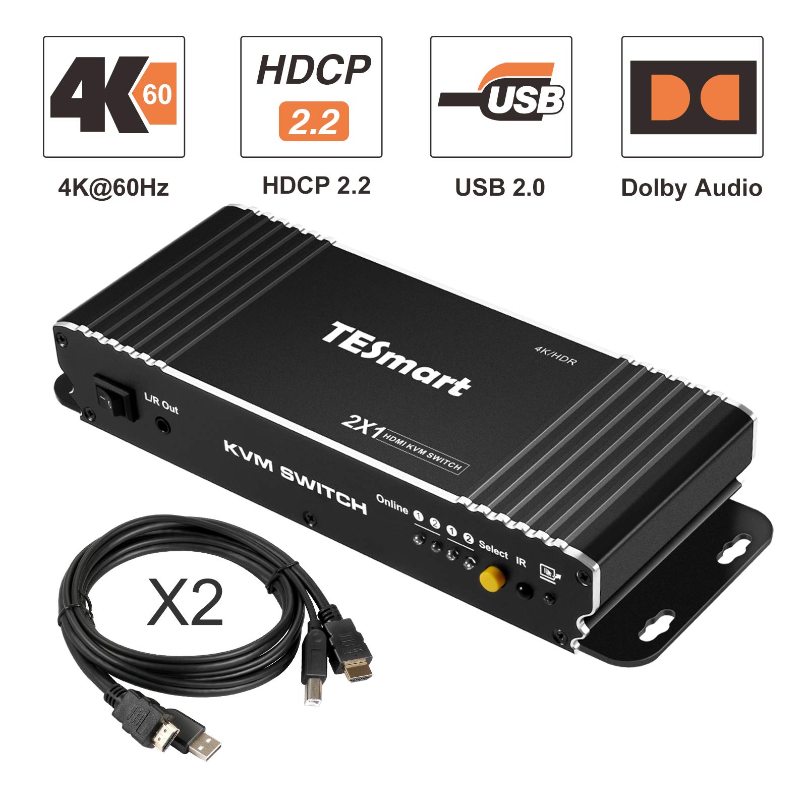 TESmart 2 Port HDMI KVM Switch 4K@60Hz HDCP 2.2 - 2x1 KVM Switcher for 2 Computers with USB 2.0 Support, Includes 2x 1.5m Cables - Perfect for Home Office, Gaming & Server Control (Matte Black)