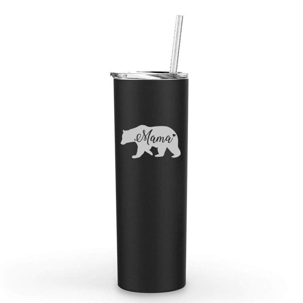 20 oz Skinny Tall Stainless Steel Tumbler - Vacuum Insulated Travel Mug with Straw & Lid - Perfect Gift for Mama Bear, Mom & Mother (Black) - Ideal for Coffee, Tea & Cold Drinks On-The-Go