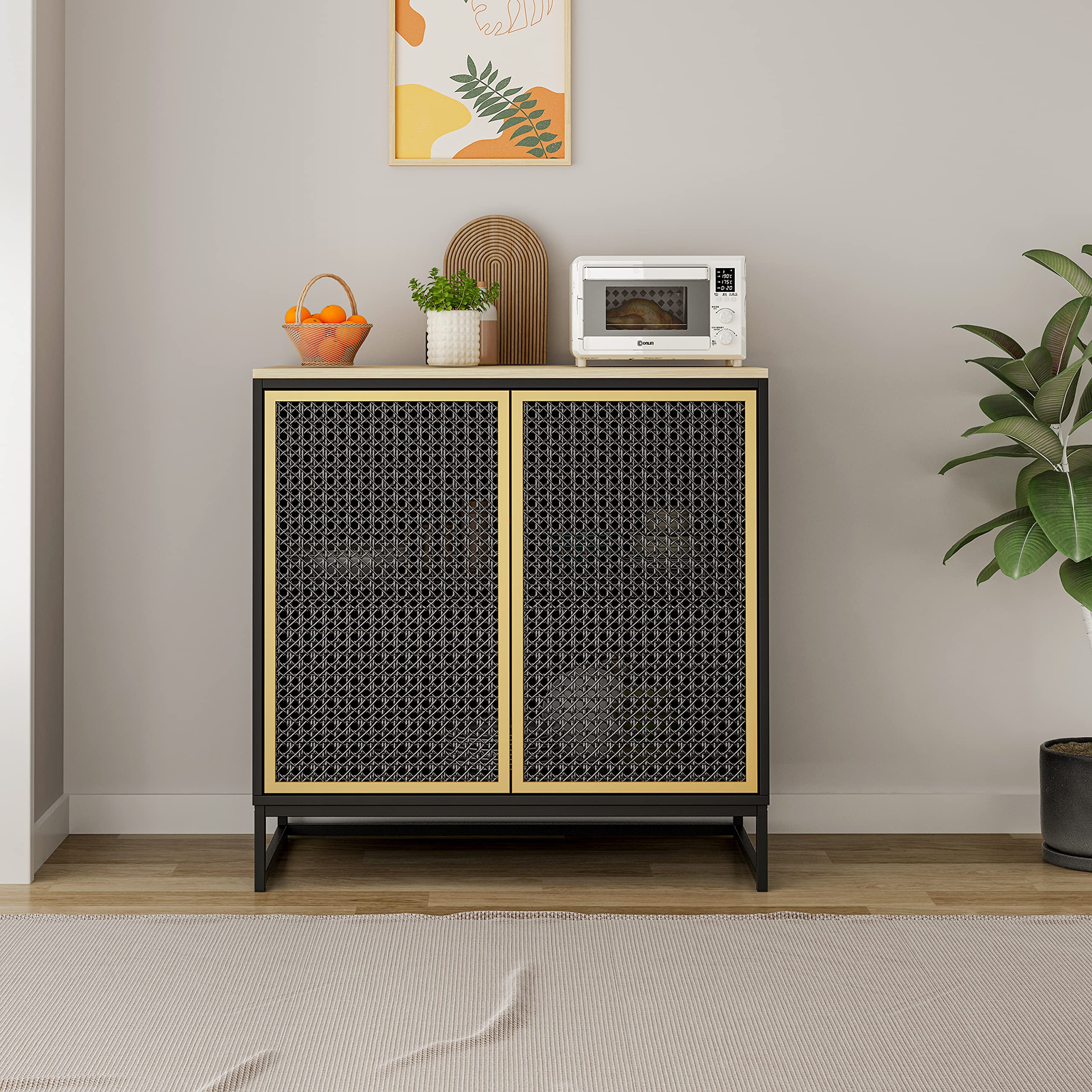 Farmhouse Style 2-Door Floor Storage Cabinet with Metal Rattan Design - Adjustable Shelf Entryway Organizer Cabinet | Entryway Table, Living Room, Bedroom Storage Furniture