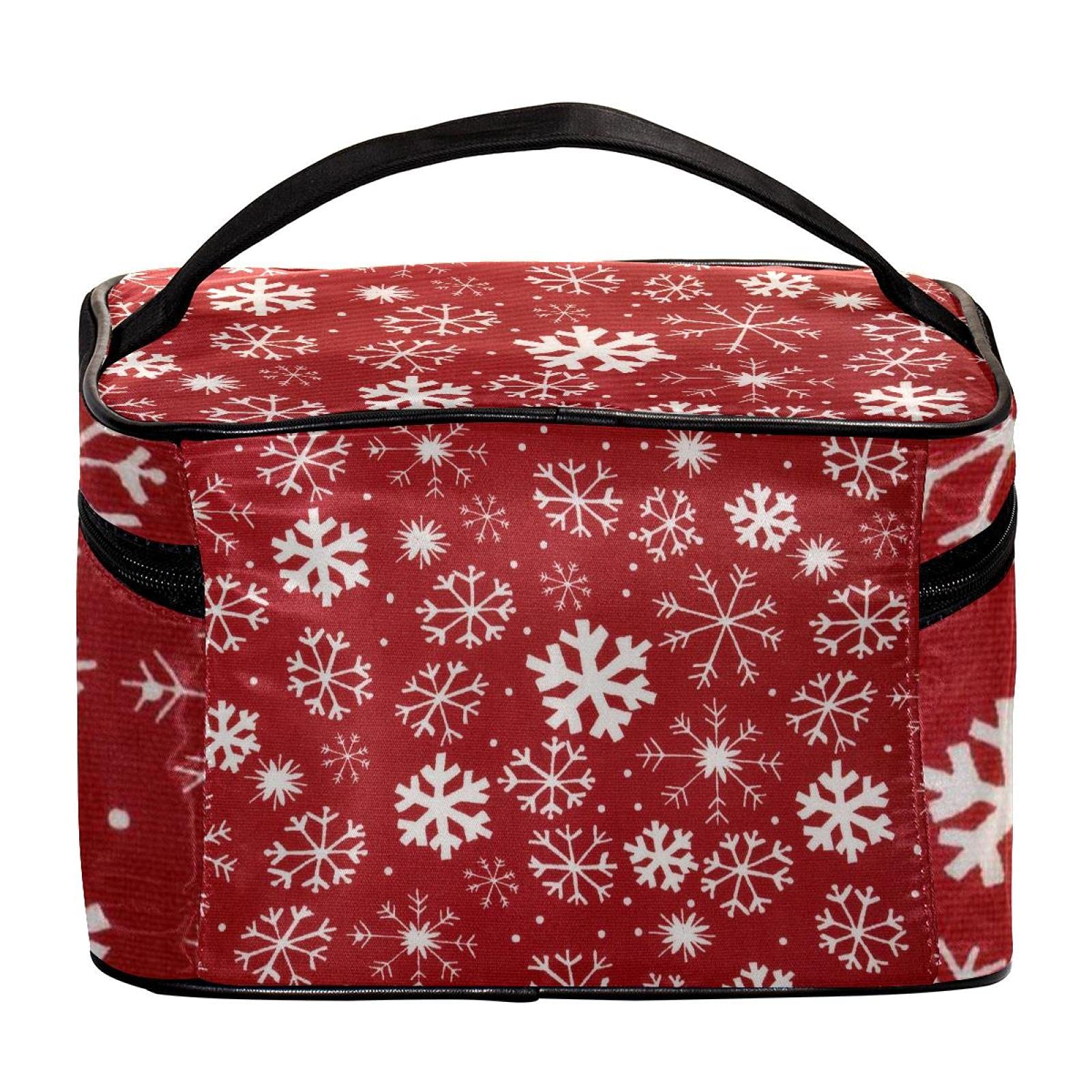 Red and White Snowflake Christmas Pattern Travel Makeup Bag - Large Cosmetic Organizer with Zipper for Women & Girls | Perfect for Holiday Travel, Gift Giving & Daily Toiletry Storage