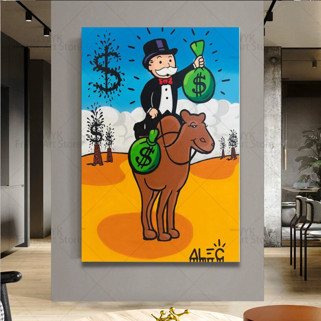 Alec Monopoly Man on Camel - Limited Edition Street Art Painting for Sale | Unique Wall Decor for Living Room, Office & Gallery