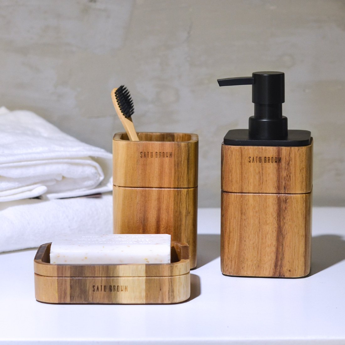 Premium Acacia Wood Bathroom Accessory Set - 3-Piece Soap Dispenser, Tumbler & Soap Dish | Modern Bathroom Decor, Housewarming Gift for Spa-Like Luxury at Home