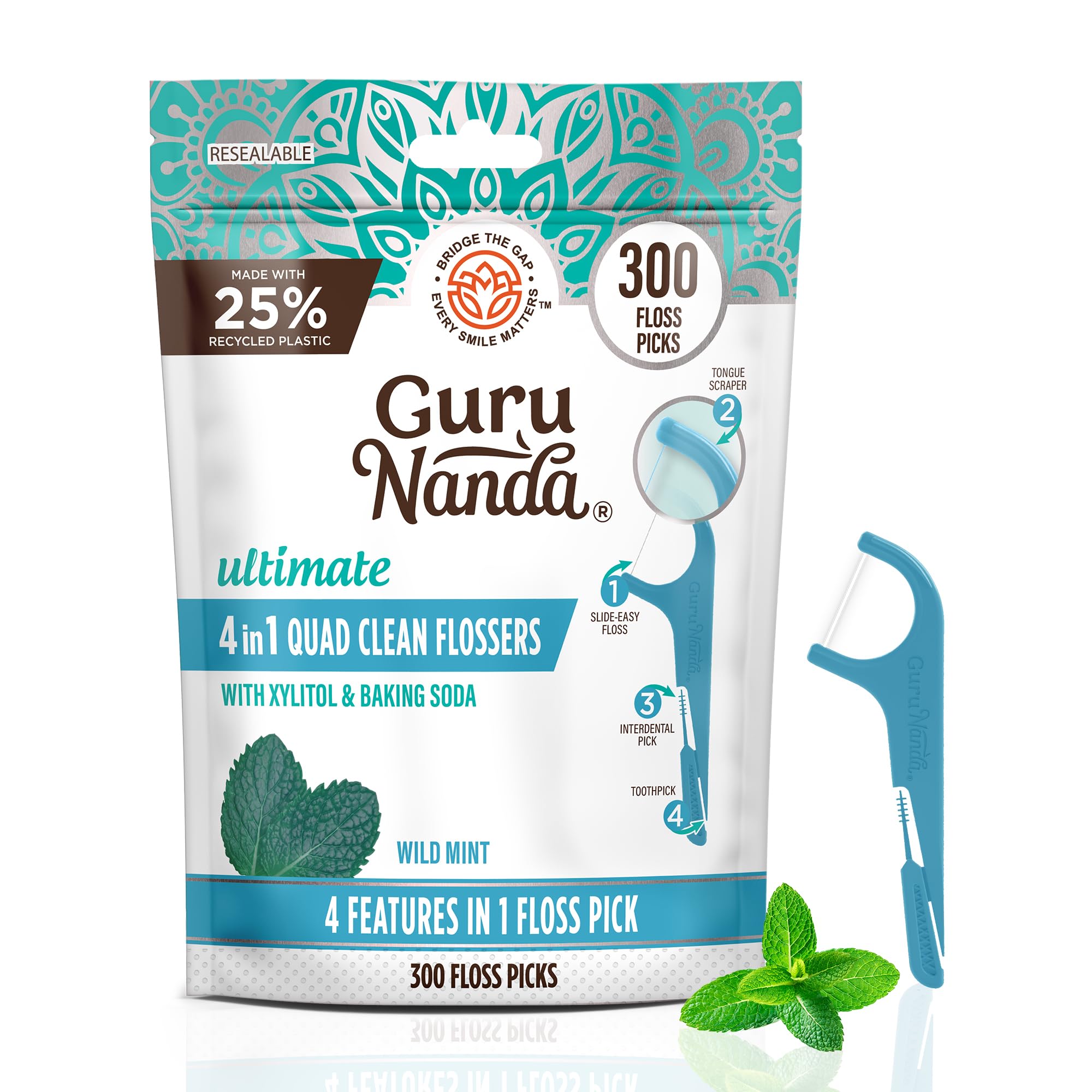 GuruNanda 4-in-1 Dental Floss Picks with Tongue Scraper, Interdental Pick & Toothpick - 300 Count | Non-Shred Dyneema Floss, Xylitol & Baking Soda | Fresh Breath for Home, Travel & Office Use