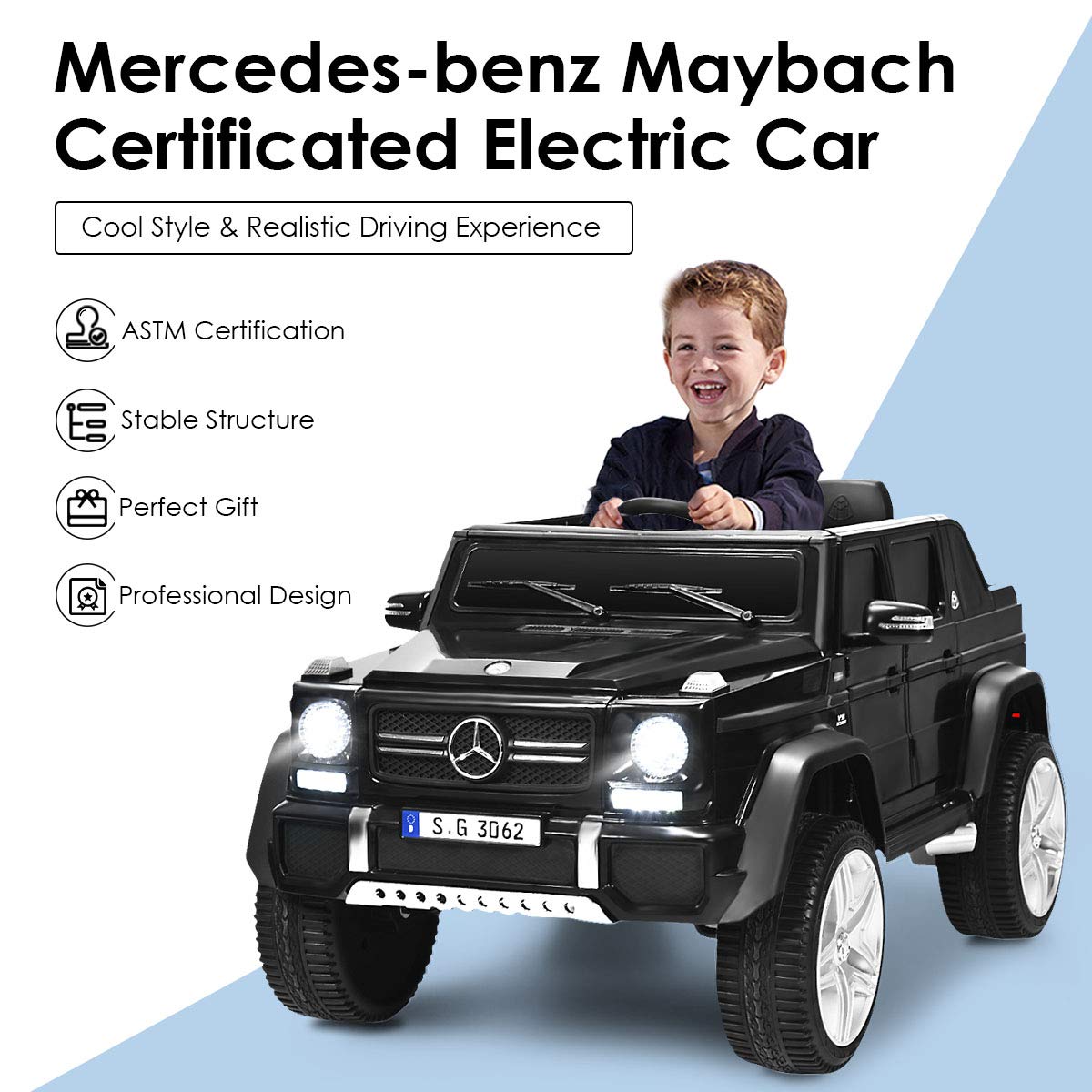 **Costzon 12V Mercedes-Benz Maybach Licensed Kids Ride-On Car - Remote Control Electric Vehicle Toy with 2 Motors, 3 Speeds, LED Lights, Horn, Music & Storage - Perfect for Birthday Gifts & Outdoor Play (Black)**