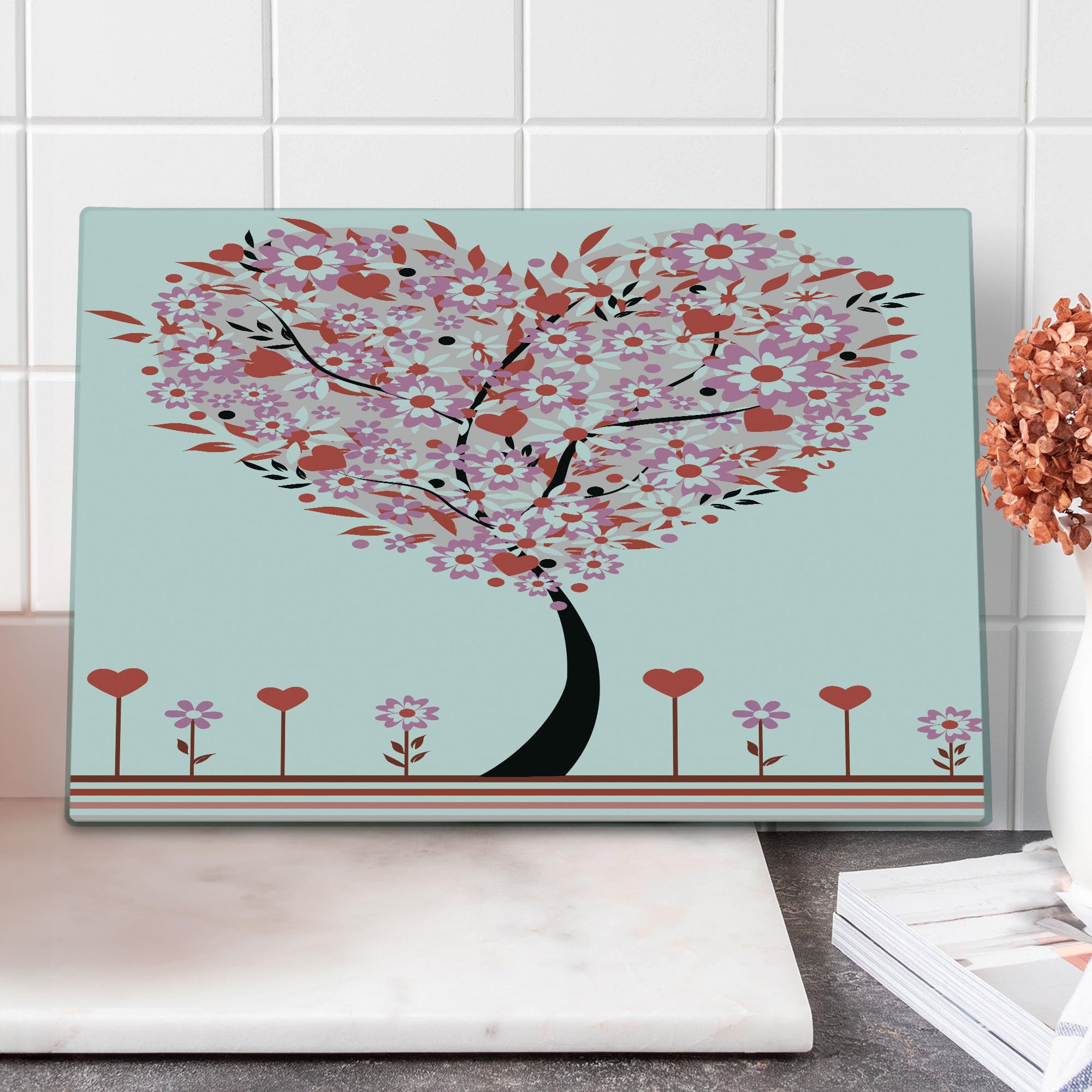 Ambesonne Valentine Heart-Shaped Tempered Glass Cutting Board - Romantic Tree Daisies Wildflowers Red Leaves Forest Design - Large Pink Red Decorative Serving Tray for Valentine's Day, Anniversary, Bridal Shower, Kitchen Decor & Gift Giving