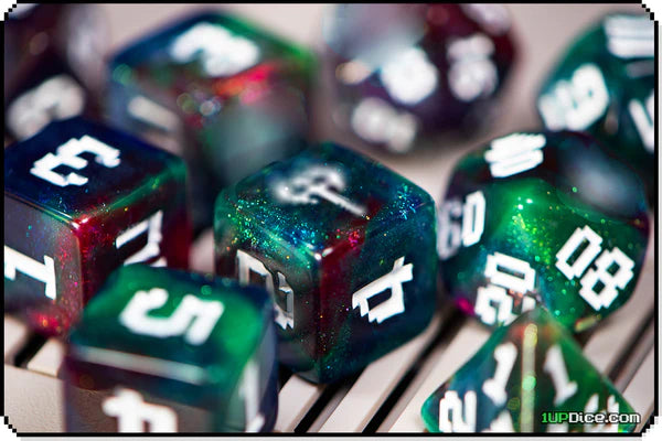 1UP Dice Polyhedral Set: Zombie Chopper +5 - 7-Piece RPG Dice for Dungeons & Dragons, Pathfinder, and Tabletop Gaming - Perfect for Fantasy Role-Playing Adventures
