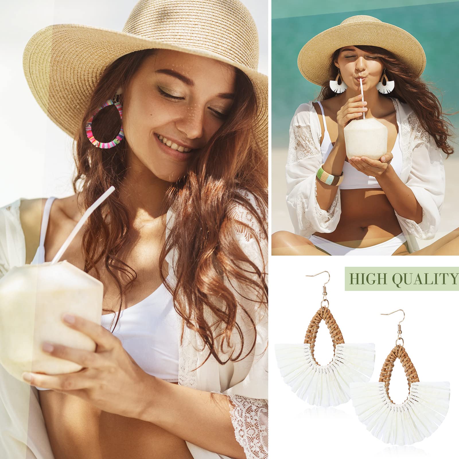 Kigeli 6 Pairs Boho Rattan Earrings for Women - Colorful Beaded Tassel Dangle Hoop Earrings, Handmade Summer Raffia Heishi Drop Statement Jewelry - Perfect for Beach Vacations, Music Festivals & Boho Fashion Outfits