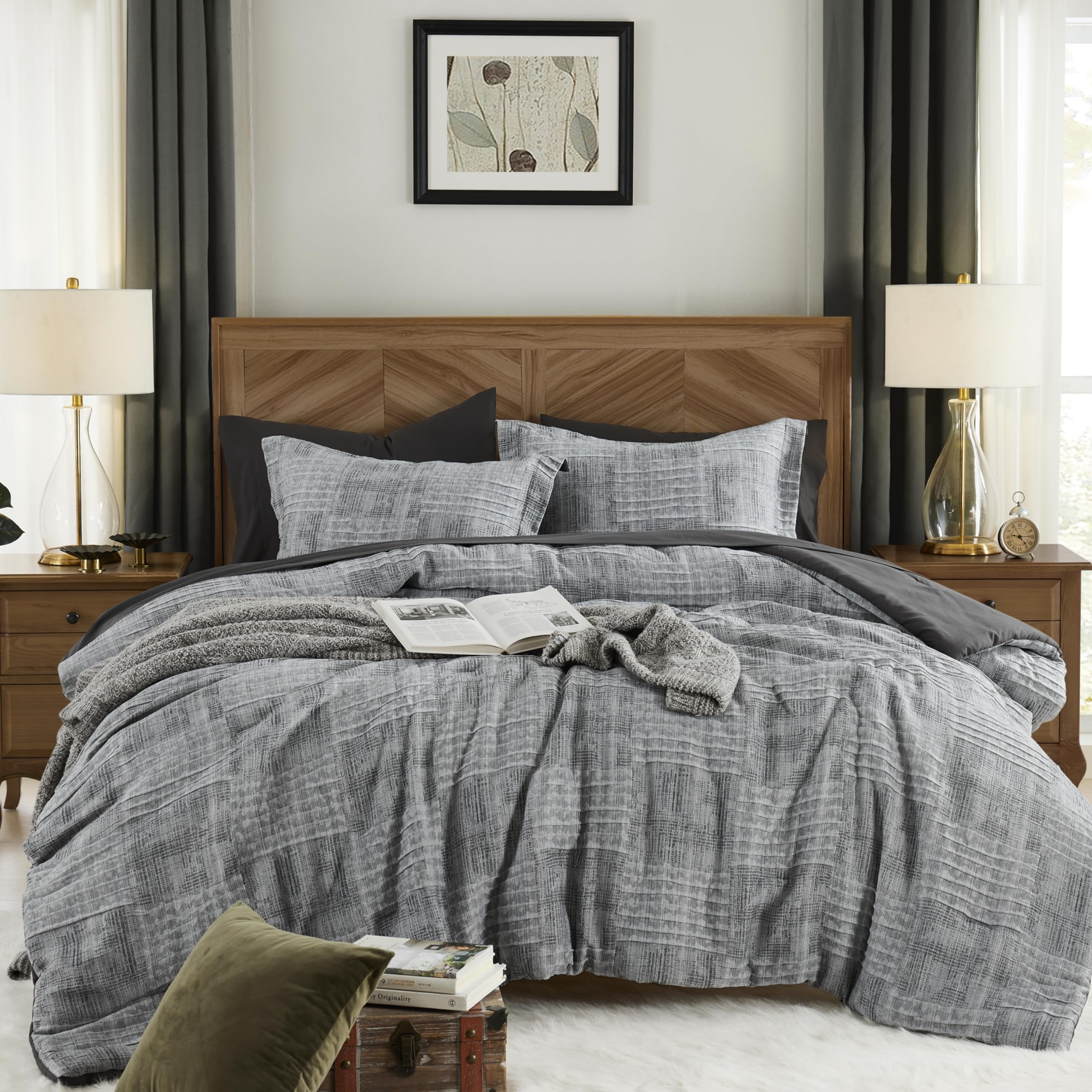 MaiRêve Charcoal Grey Full Comforter Set - 7 Piece Textured Crinkle Bed in a Bag with Comforter, Sheets, Pillowcases & Shams (80