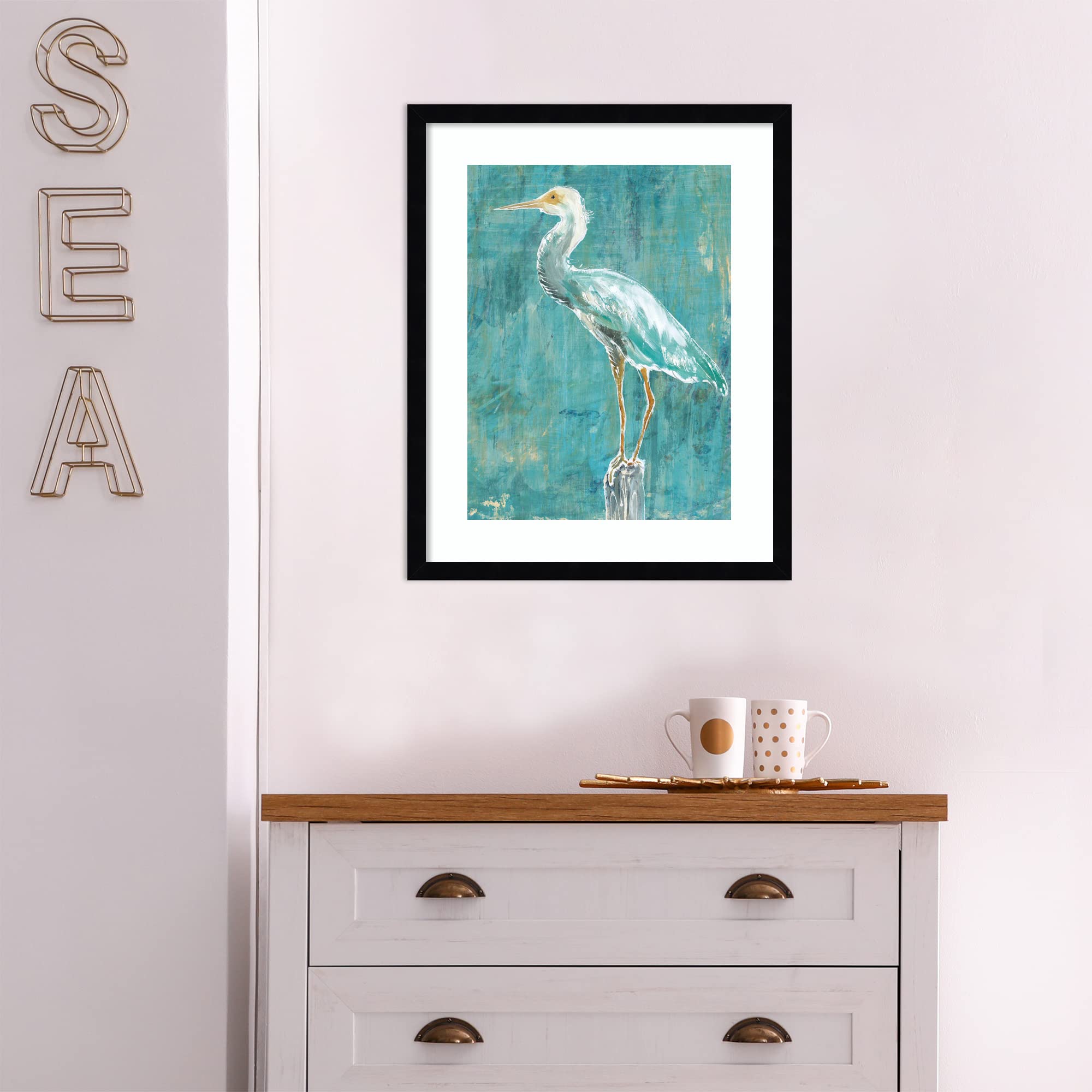 Amanti Art Framed Coastal Egret II Dark Wall Art Print 21x17 by Sue Schlabach - Animal Painting for Beach House Decor, Living Room, Bedroom, Bathroom, Kitchen & Office - Perfect for Coastal Theme Interiors & Nature Lovers