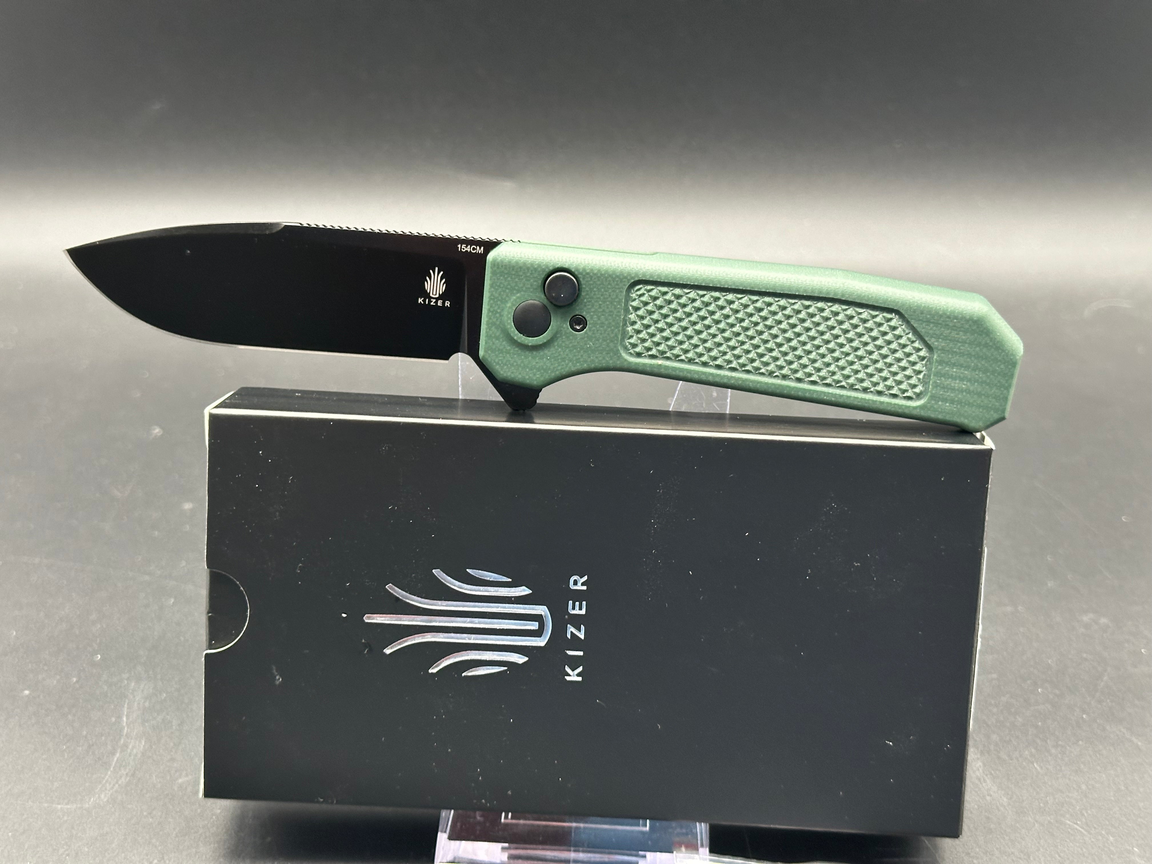 KIZER BRAT Button Lock Folding Knife - Green G10 Handle, 154CM Drop Point Plain Edge - EDC, Camping, Outdoor Survival & Everyday Carry Knife
