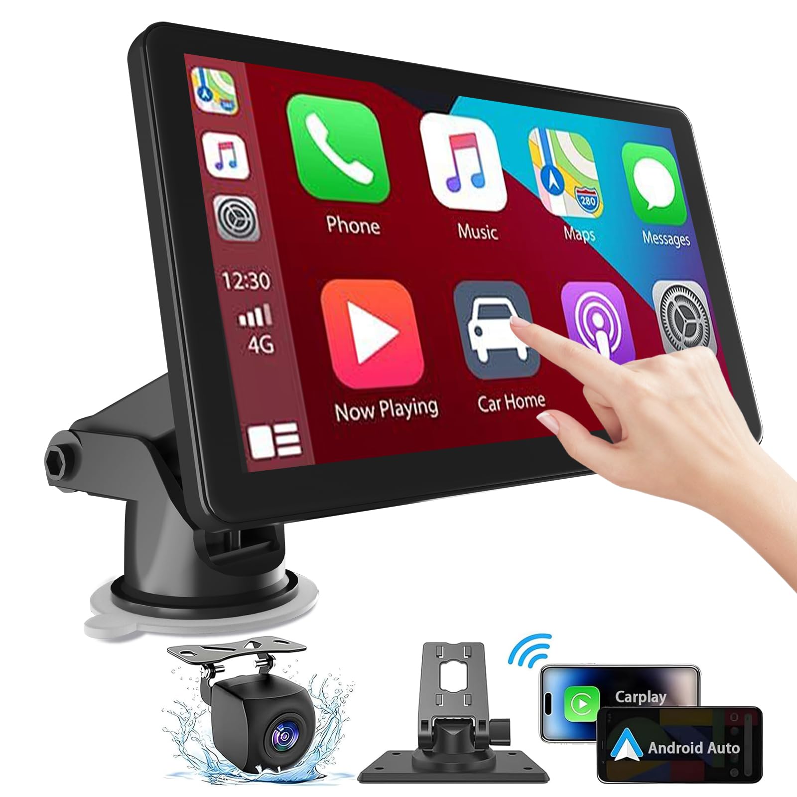 7 Inch Wireless Carplay Screen with Apple CarPlay & Android Auto - GPS Navigation, Backup Camera, Bluetooth, AUX, FM, Siri & Voice Control - Universal Fit for All Cars - Perfect for Road Trips & Daily Commuting