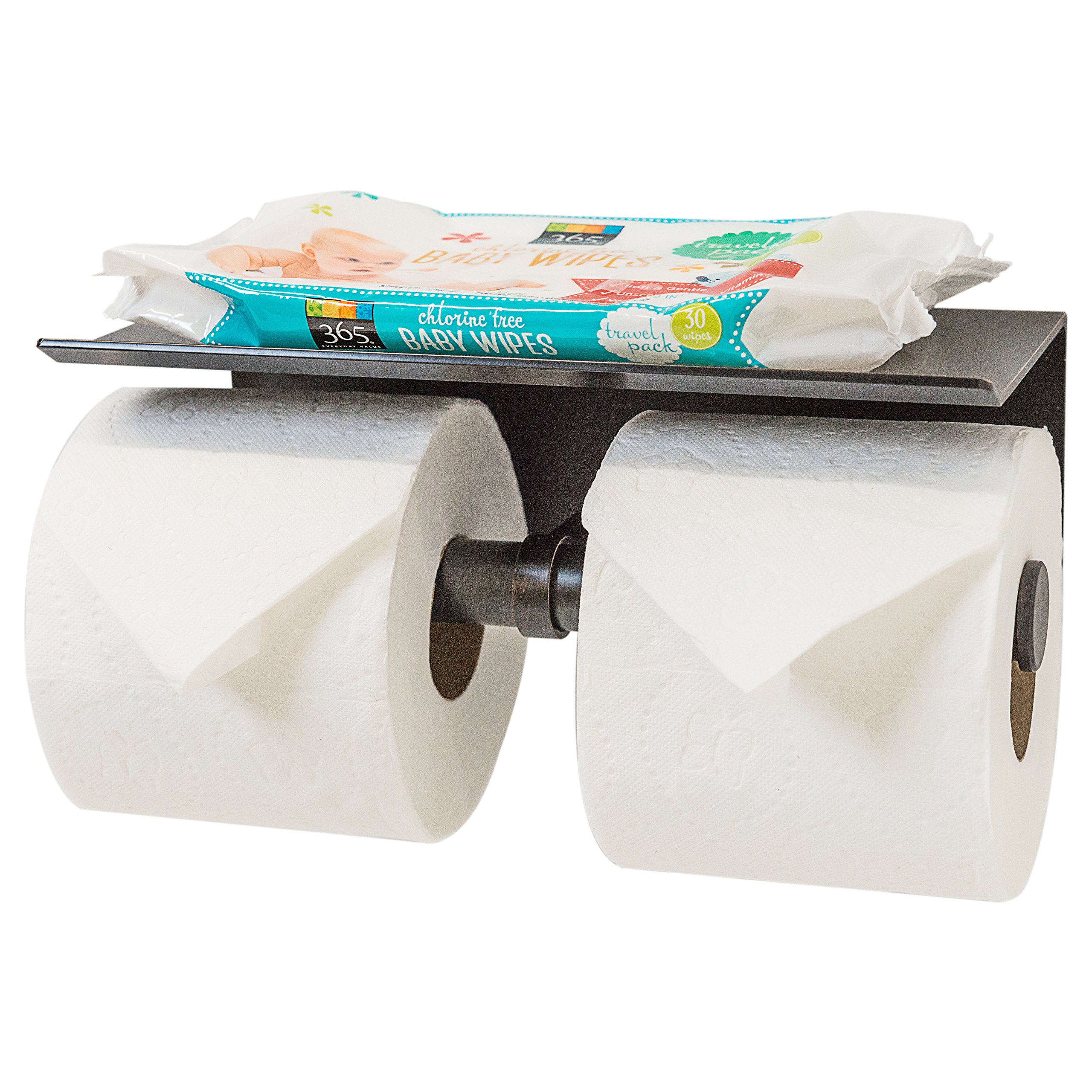 Modern Reversible Toilet Paper Holder with Phone Shelf - Oil Rubbed Bronze Double Roll Bathroom Organizer - Space Saving Design for Small Bathrooms, Powder Rooms & RVs