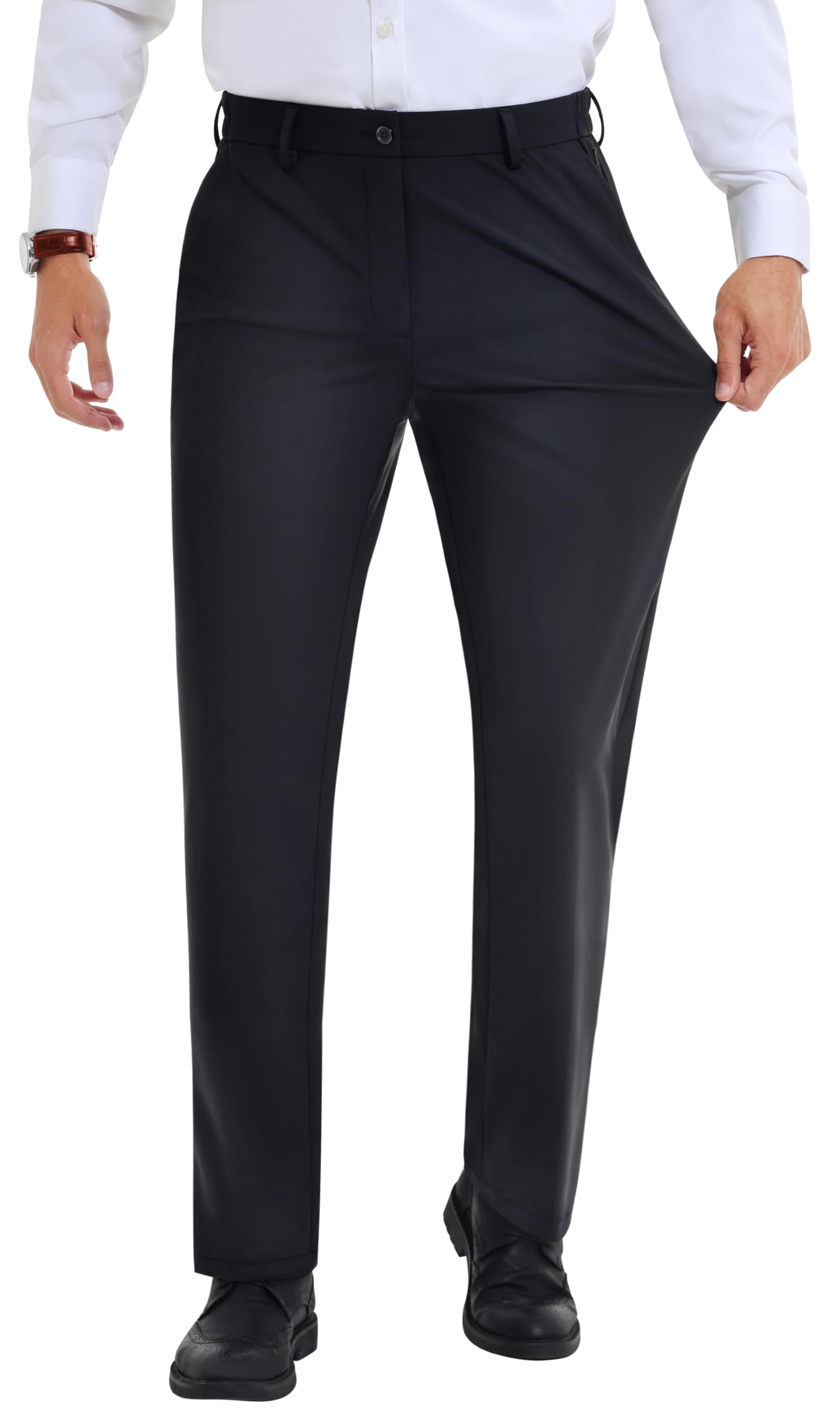 Men's Stretch Dress Pants Slim Fit with Expandable Waist - Comfortable Athletic Golf Pants for Business Casual & Office Wear