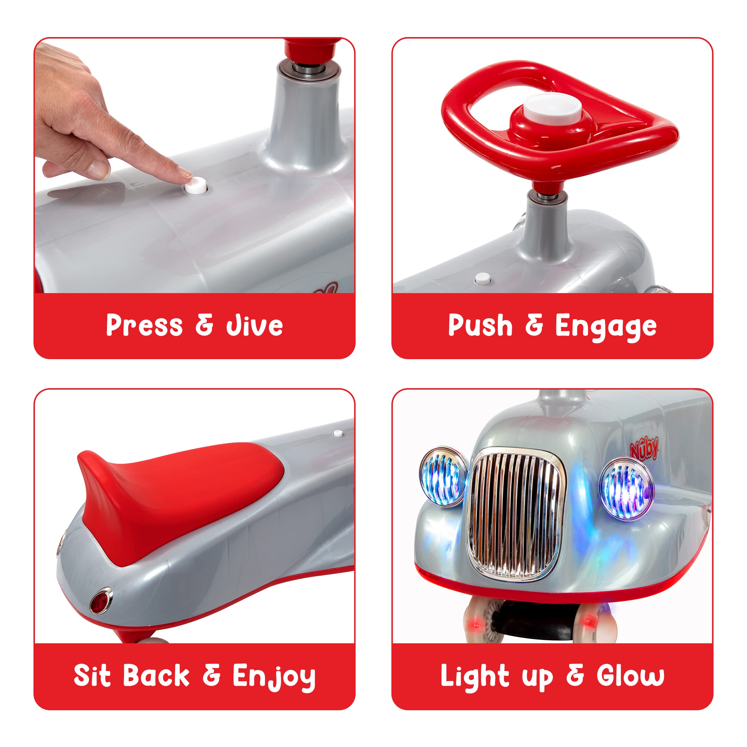 **Nuby Twist N Ride Classic Ride-On Car for Toddlers - Interactive Light-Up Scooter with Realistic Front & Back Lights & Music - Fun Riding Toy for Kids Ages 3+ (Red & Grey) - Perfect for Indoor Play, Outdoor Adventures & Birthday Gifts**
