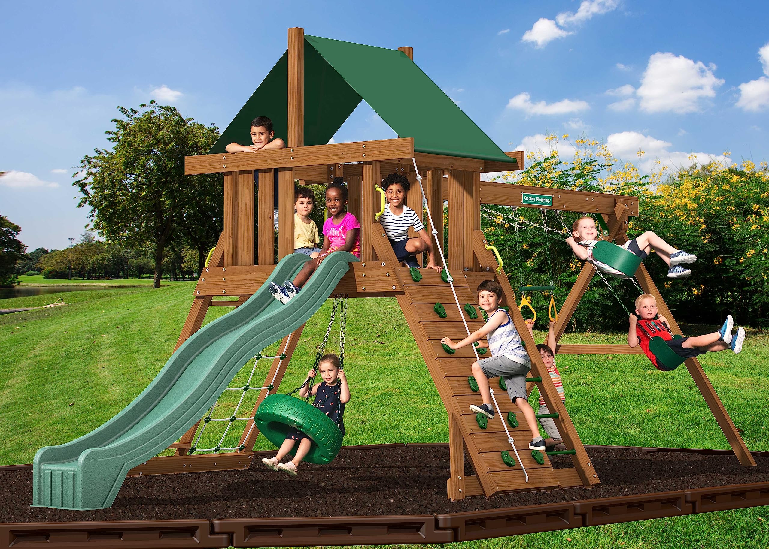 Creative Playthings Northbridge Pack 1 Wooden Swing Set – Made in USA | Kids Backyard Playset with Climbing Wall, Swings, Slide & Tire Swing | 22x12x11 ft Outdoor Play Equipment for Children's Playground, Park, or Home Yard Fun