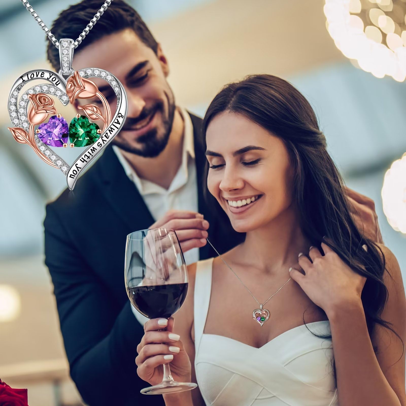 925 Sterling Silver Rose Heart Birthstone Necklace for Women - Personalized Birthday, Anniversary & Mother's Day Jewelry Gift for Wife, Mom, Daughter | Elegant Everyday Wear & Special Occasion Present