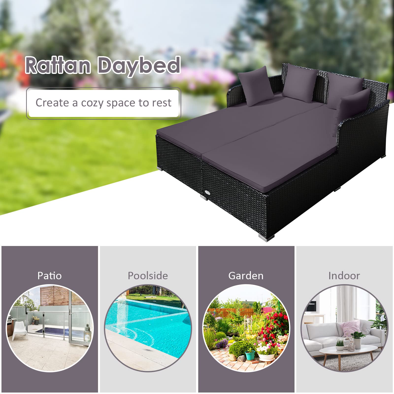 COSTWAY Outdoor Patio Rattan Daybed with Cushions - Wicker Loveseat Sofa with 4 Pillows for Balcony, Garden, Poolside - Grey All-Weather Sunbed for Relaxing & Lounging