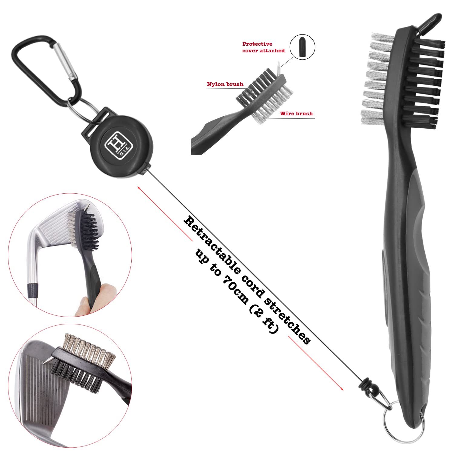 Premium Microfiber Golf Towel with Waffle Pattern & Carabiner Clip | Golf Club Brush with Groove Cleaner | Retractable Golf Accessories Kit (Grey) | Perfect for On-Course Cleaning & Club Maintenance