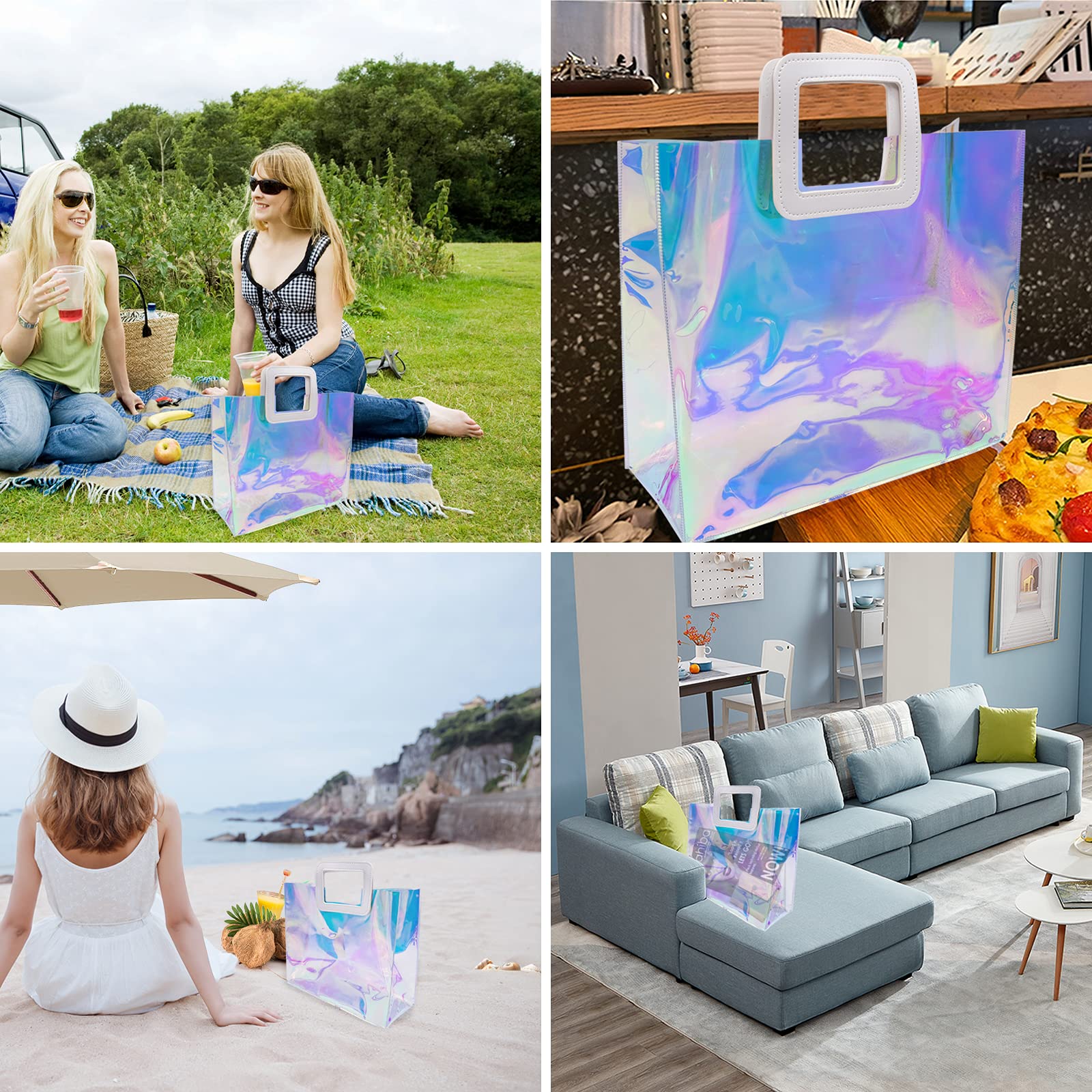 Holographic Gift Bags - Clear Iridescent Tote Bag for Bachelorette Party, Beach, Travel, Work & Stadium Events | Shimmering Reusable Shopping Bags for Women, Girls & Special Occasions
