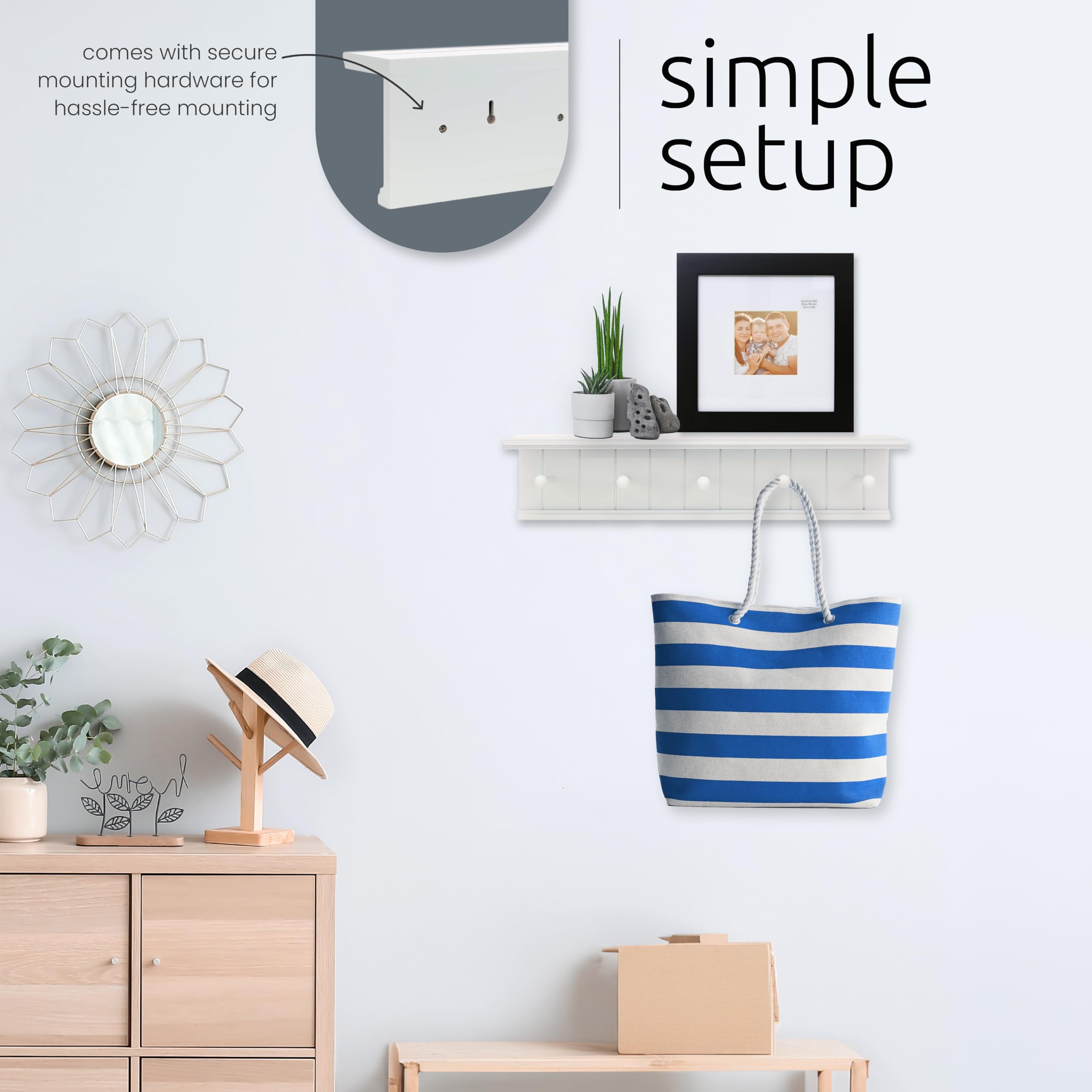 Kiera Grace Kian Floating Shelves - Modern Wall Mounted Hanging Shelf with 5 Pegs, White Coat Rack for Office, Living Room & Entryway - 24 Inch, 1 Pack