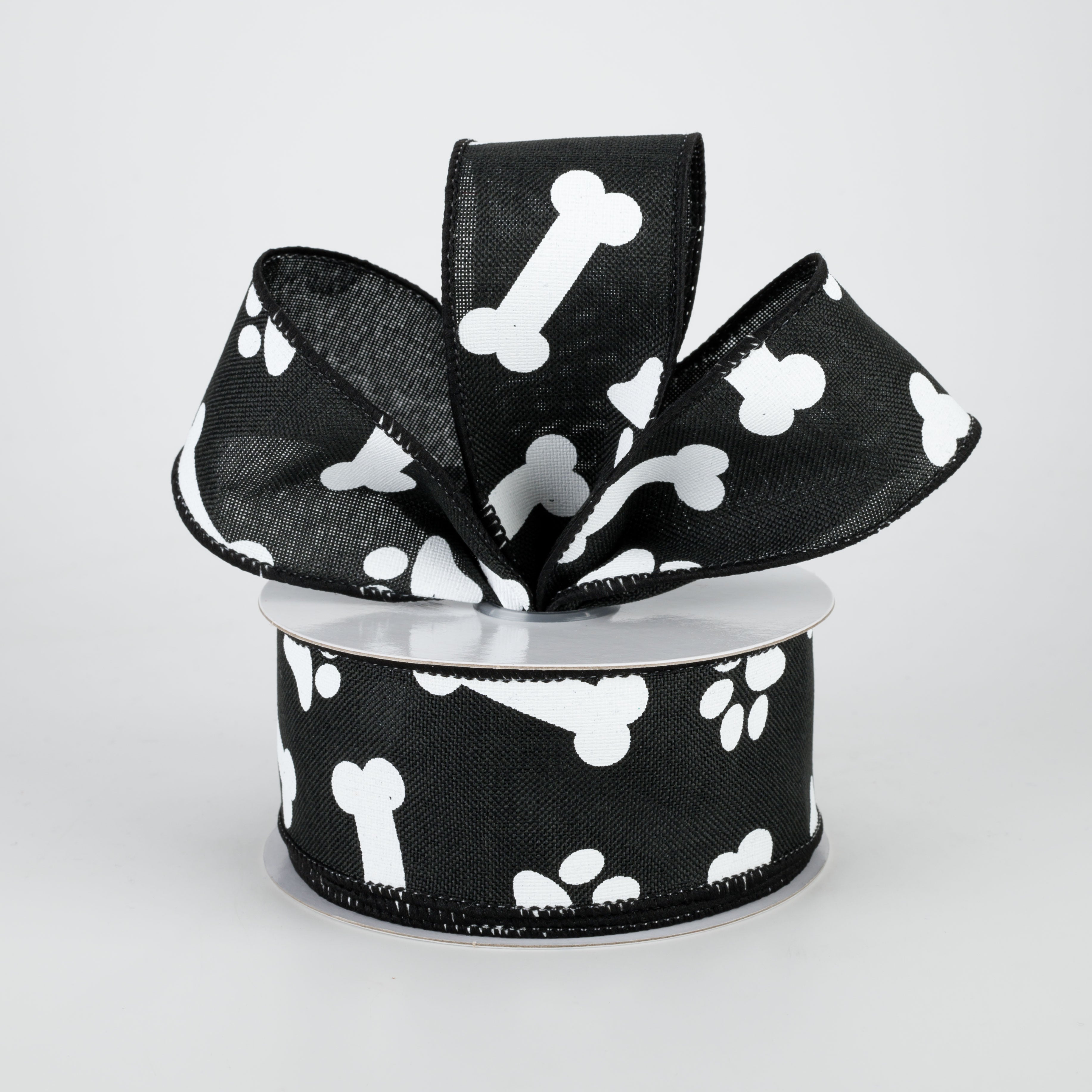 1.5 Inch Paw Print & Bones Ribbon - Black & White Dog Themed Craft Ribbon (10 Yards) for Pet Lovers, DIY Dog Collars, Gift Wrapping & Scrapbooking