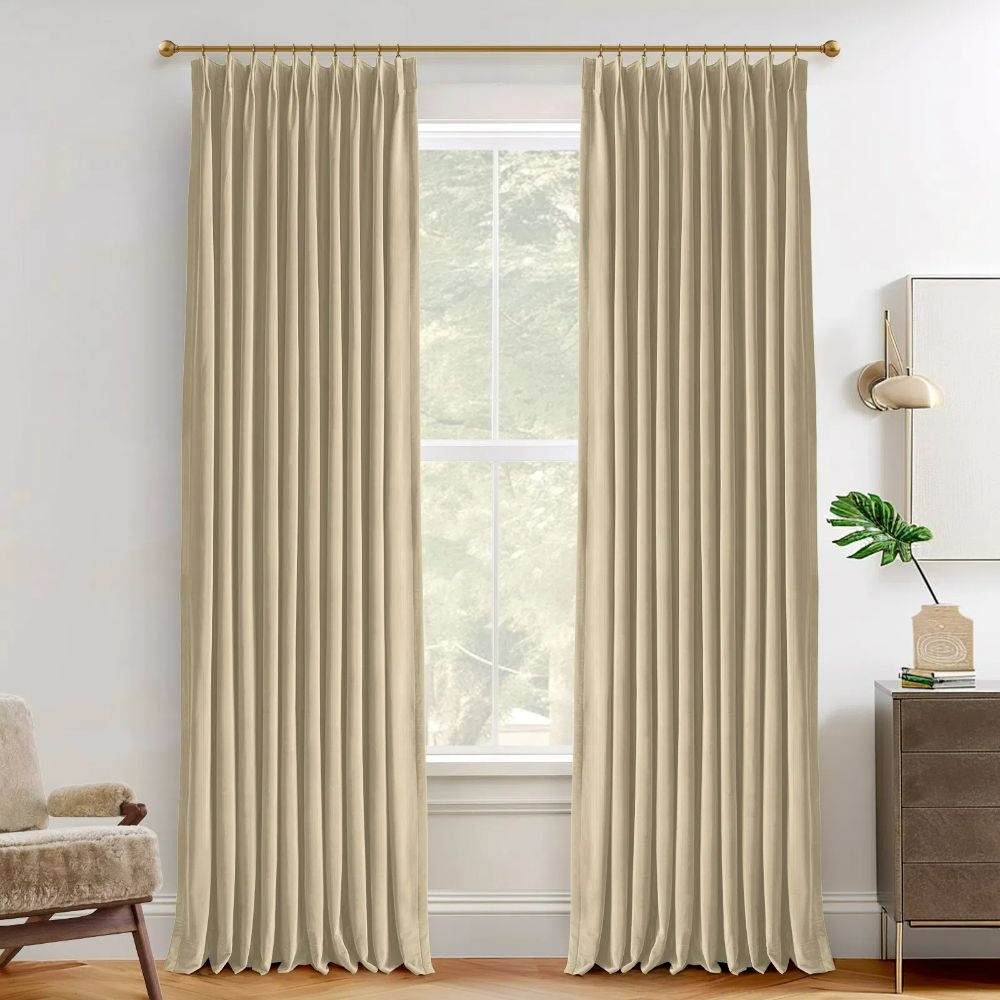 Luxury Blackout Curtains - Heavyweight Velvet Drapes with Thermal Insulation & Noise Reduction for Bedroom, Living Room - Custom Size Pleated Window Treatments (Flaxen Collection)
