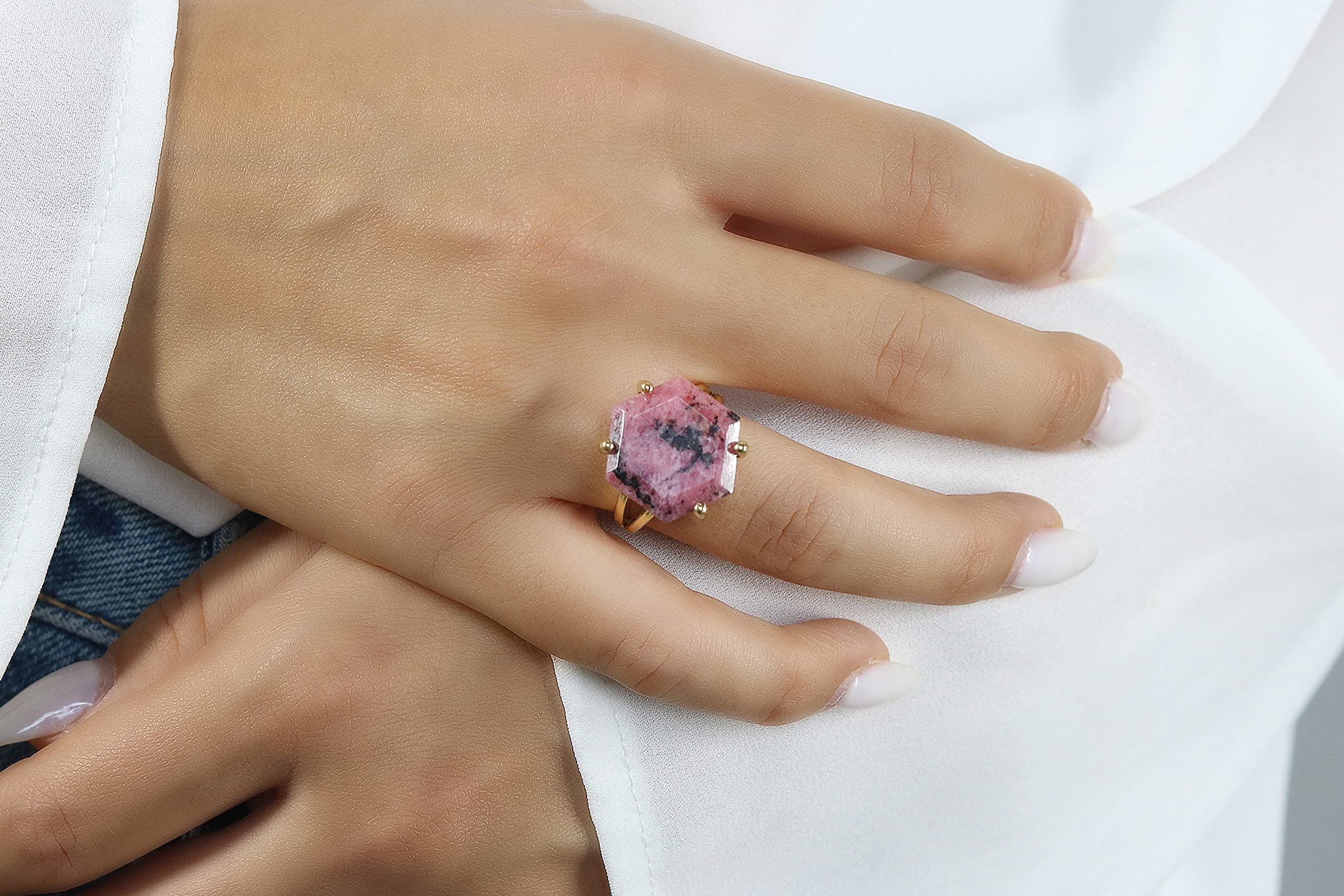 Big Rhodonite Jewelry Ring for Women – Custom Cut Gemstone & Crystal Bohemian Ring – 14k Gold Fashion Engagement Ring – Size Available – Perfect for Weddings, Parties & Everyday Wear