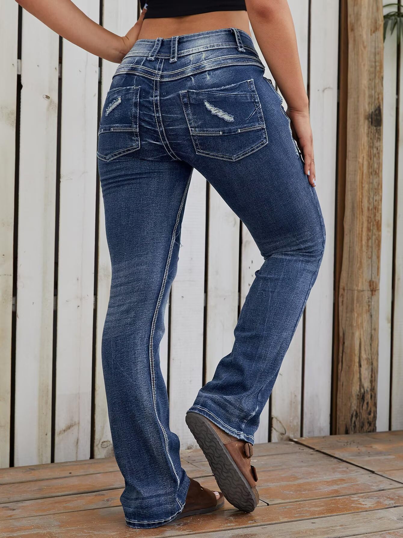Flamingals Women's Distressed Bootcut Jeans - Low Rise Ripped Flare Denim Pants for Casual Wear & Street Style | Vintage Inspired Jeans for Everyday Outfits