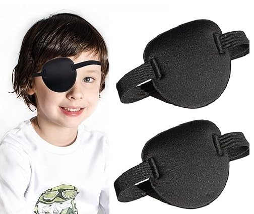 INSIME Adjustable Pirate Eye Patch for Kids - Soft 3D Groove Design for Left or Right Eyes - Lazy Eye Treatment & Amblyopia Therapy - Perfect for Halloween Costumes & Dress-Up Play (Pack of 2)