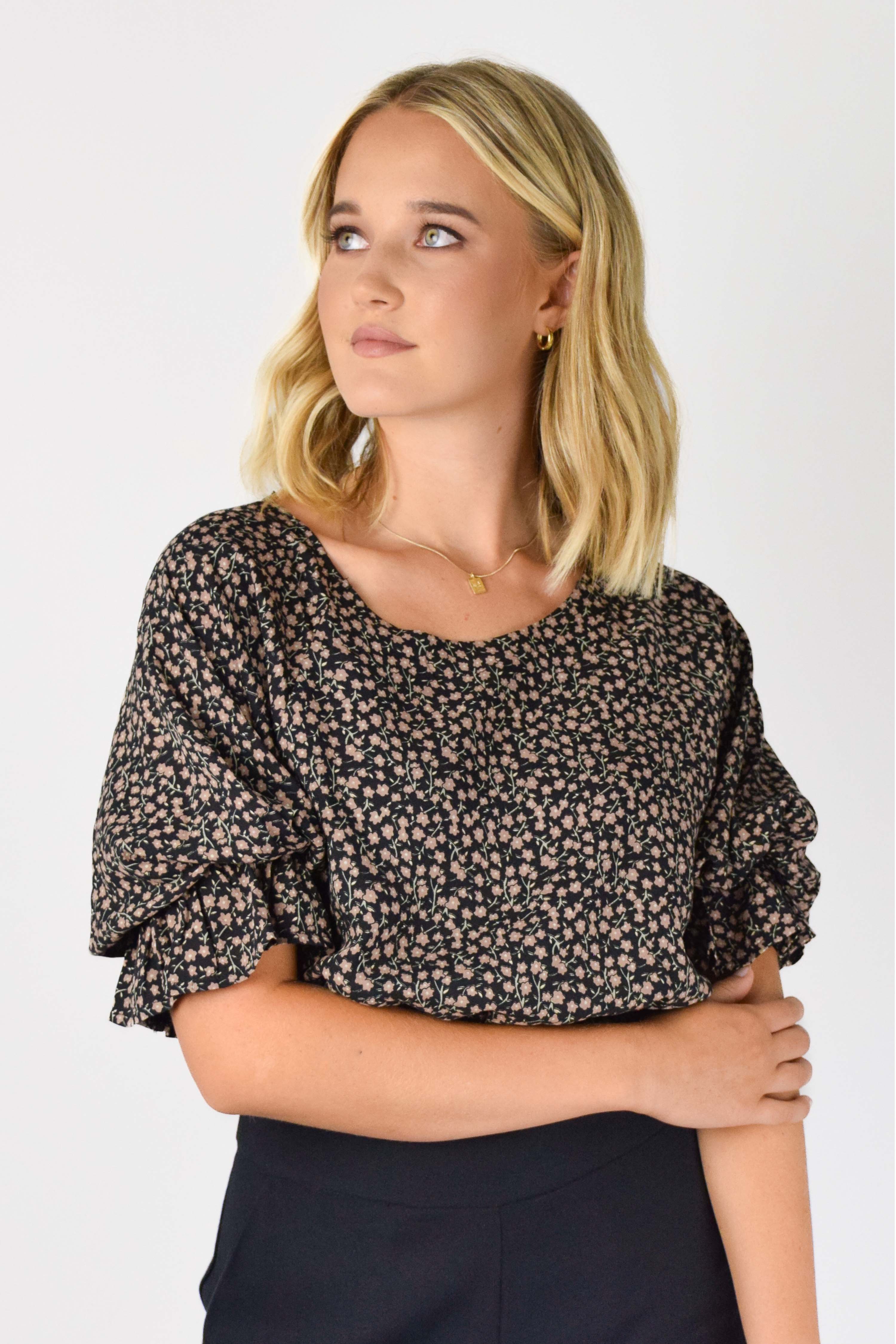 Stylish Dare Me Walnut Floral Puff Sleeve Elastic Waist Tie Back Crop Top for Women | Trendy Summer Blouse for Casual Outings, Dates & Beach Vacations
