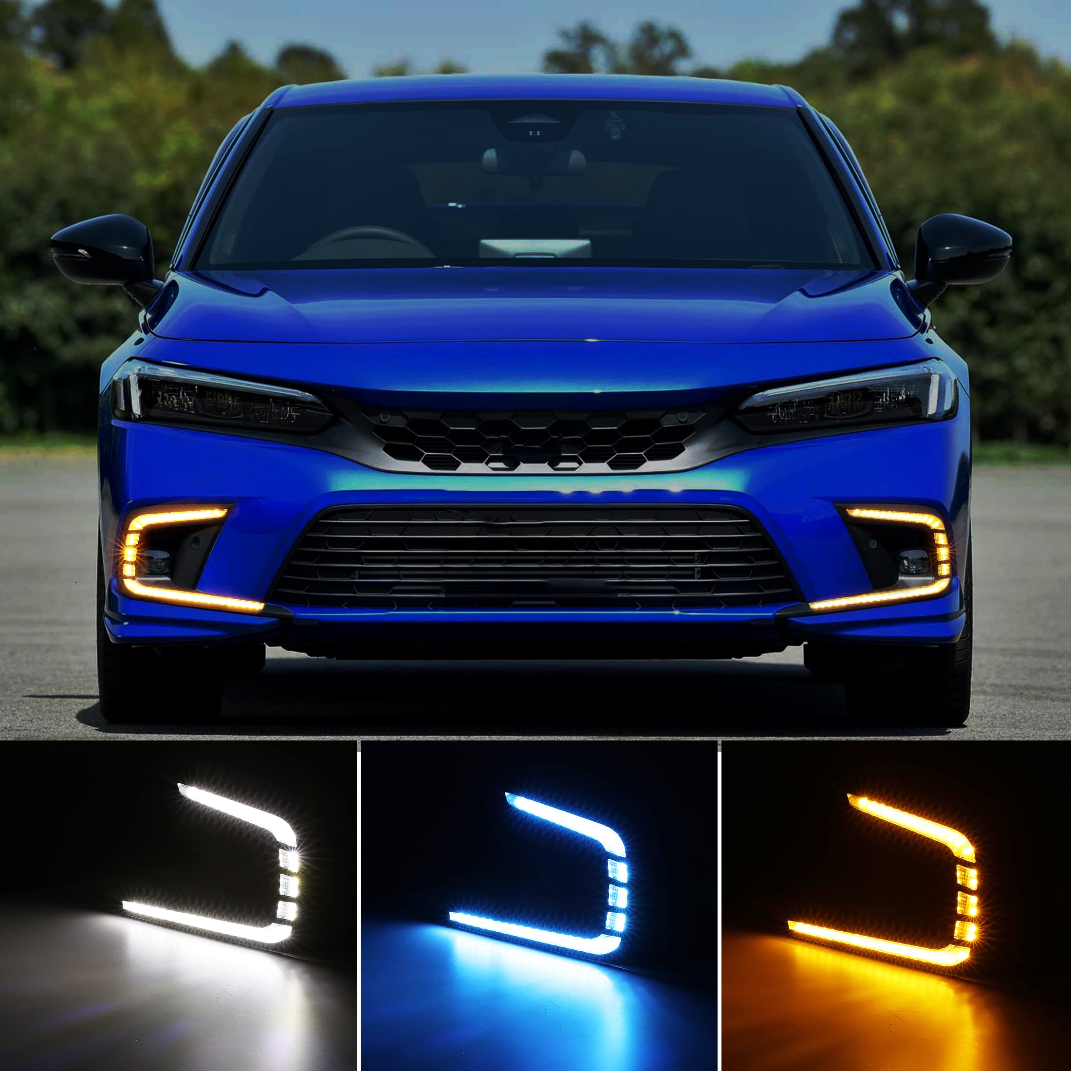 AUXMART LED Daytime Running Lights (DRL) for Honda Civic 2021-2022 - Tri-Color Fog Lights with Turn Signal Function, Bezel & Wiring Harness | Upgrade Your Civic's Style & Safety for Day/Night Driving