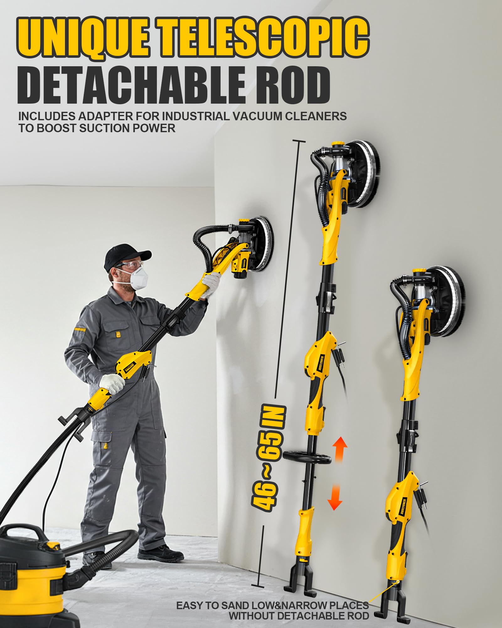 1050W Electric Drywall Sander with Vacuum Dust Collection - 7 Speed Adjustable (2100 RPM) | Double-Deck LED Light, Foldable Handle & Dust Bag | Perfect for Home Renovation & Professional Drywall Sanding