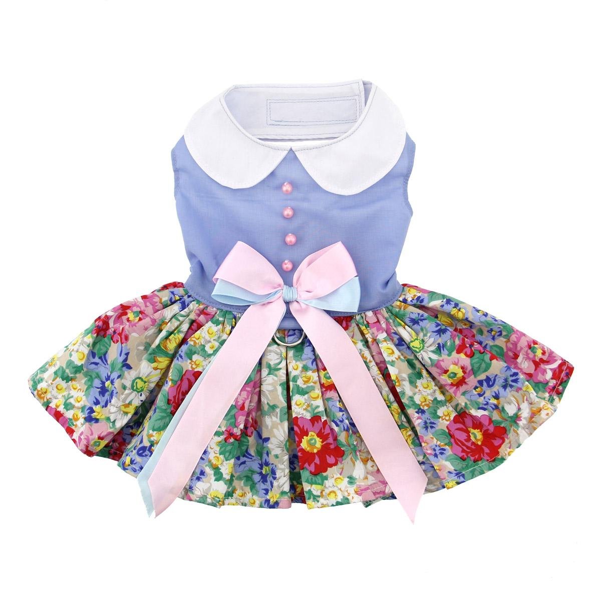 DOGGIE DESIGN Powder Blue & Pearls Floral Dog Harness Dress - Elegant Pet Outfit for Small Dogs, Puppy Fashion Accessories, Perfect for Parties, Weddings & Photo Shoots