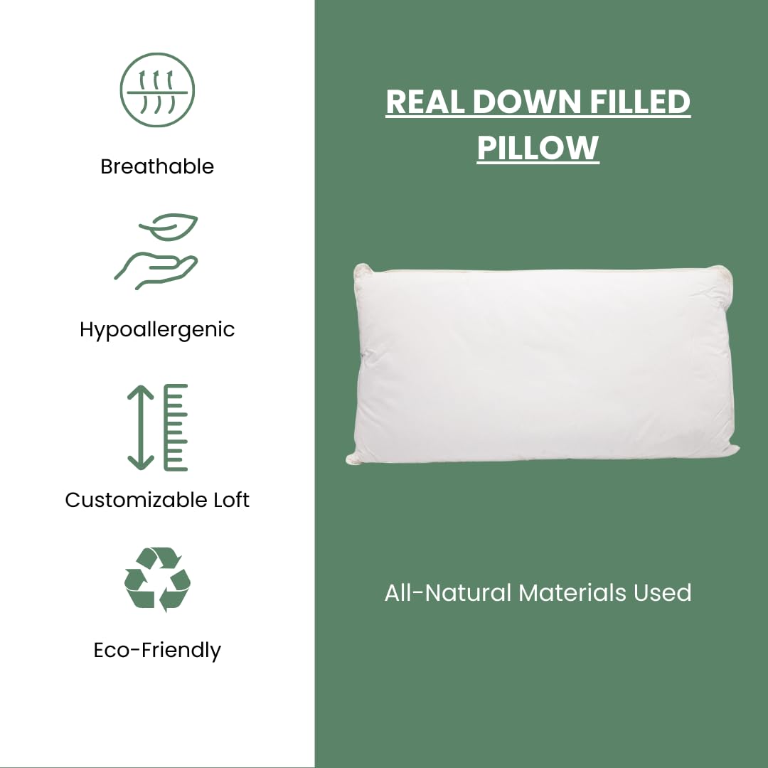 Organic Cotton Cover Down Pillow - Queen Size, Heavy Fill, GOTS Certified - Adjustable Loft for Neck Pain Relief - Ideal for Back, Side & Stomach Sleepers - Perfect for Bedroom, Guest Room & Travel Use