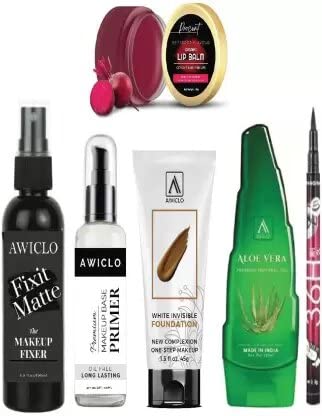Fixer Primer Foundation with Aloe Vera Gel, Kajal, Lip Balm & Eyeliner Set - Natural Makeup Kit for Flawless Skin & Bold Looks | Perfect for Daily Use, Parties & Special Occasions